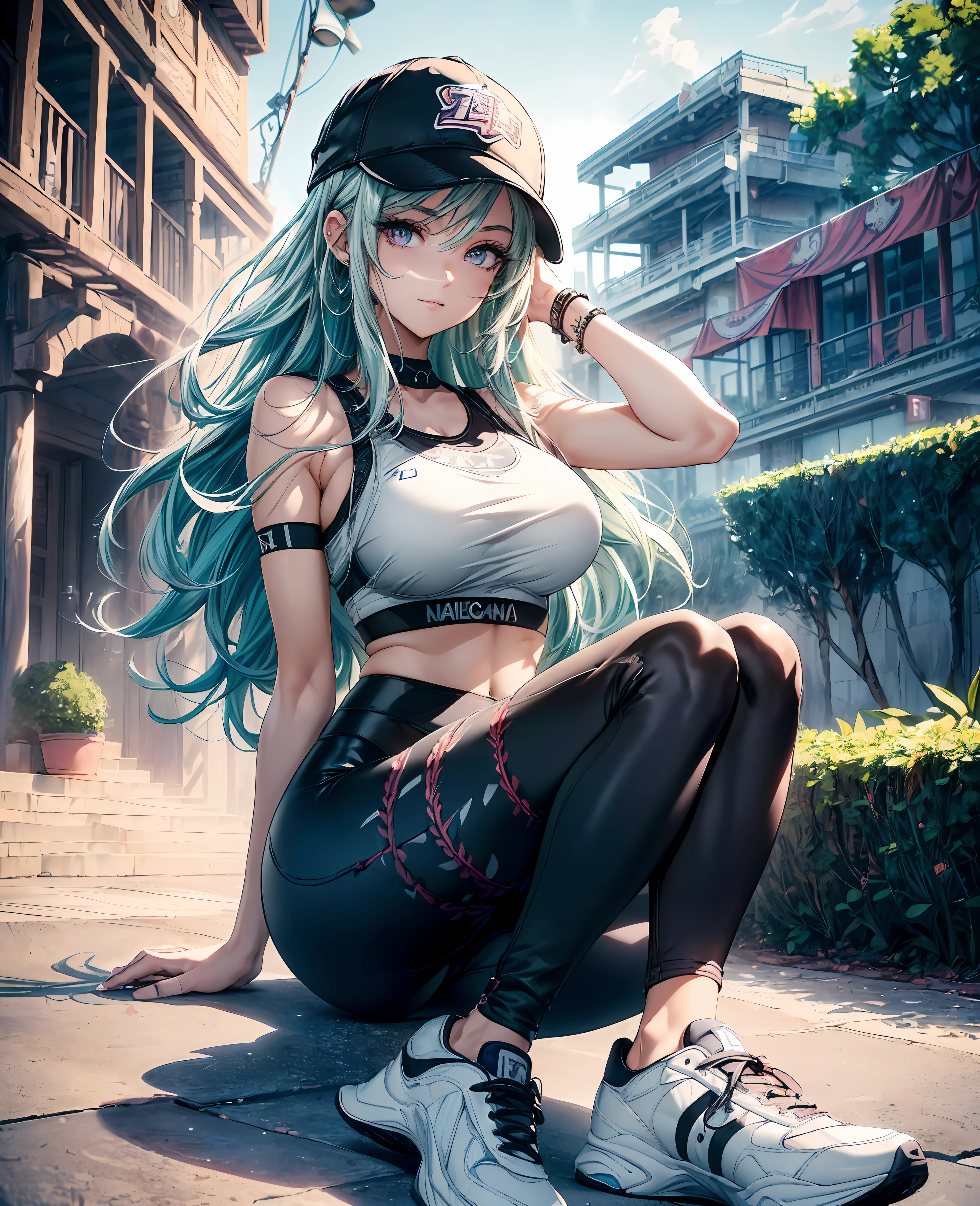 ((Best quality)), ((masterpiece)), ((highly intricate details)),beautiful, high quality, highres, absurdres, light difussion, intricate details, complex details, ((anime)), (anime:1.2) , (perfect face:1.3), extreme detailed eyes, colorful, highest detailed, vibrant colors, high contrast, (8K UHD:1.2), (photorealistic:1.2),(masterpiece:1.4), (best quality:1.4),extremely detailed wallpaper, highly detailed illustrations, (1 Girl), (best lighting) , (super-complex details) , 4K unified, (super-detailed CG: 1.2) , (8K: 1.2),(original), (masterpiece) , (best quality) , (reality: 1.3) , photorealistic, Octane rendering, (surreal: 1.2) , 1girl, (garden wallpaper), red and grey hair,((large_breasts)), (light green hair) , (purple eyes) , beautiful eyes,swirly eyes,((large hair)),(((piercing))),((looking at viewer)),((Extremely tall)), ((((handsome girl)))) ,(( two detailed hands , smiling)), (((wearing (sports_bra:1.2) and (black+ legging:1.2) ,((baseball_cap on head:1.2)) ,((white+ sneakers_shoes:1.2)) ,(medium size cap:1.2), backwards cap, loraeyes, sitting