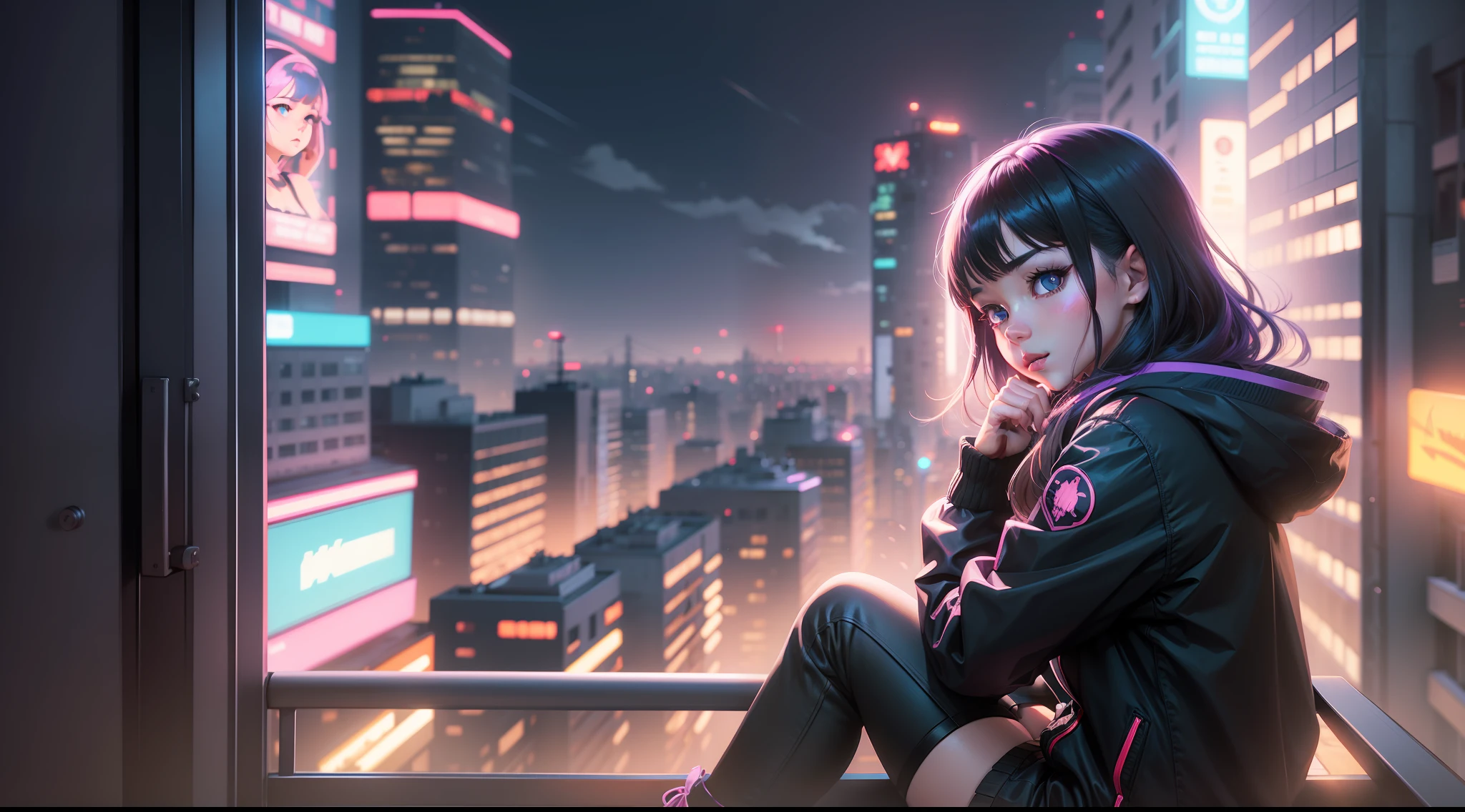 Anime girl sitting on the windowsill looking at the city at night, landscape of ilya kuvshinov, digital art ilya kuvshinov, inspired by Alena Aenami, by Alena Aenami, art of alena aenami, cyberpunk vibes, RGB colors and vibrations, neon city in the background, artistic. Alena Aenami, Ilya Kuvshinov.