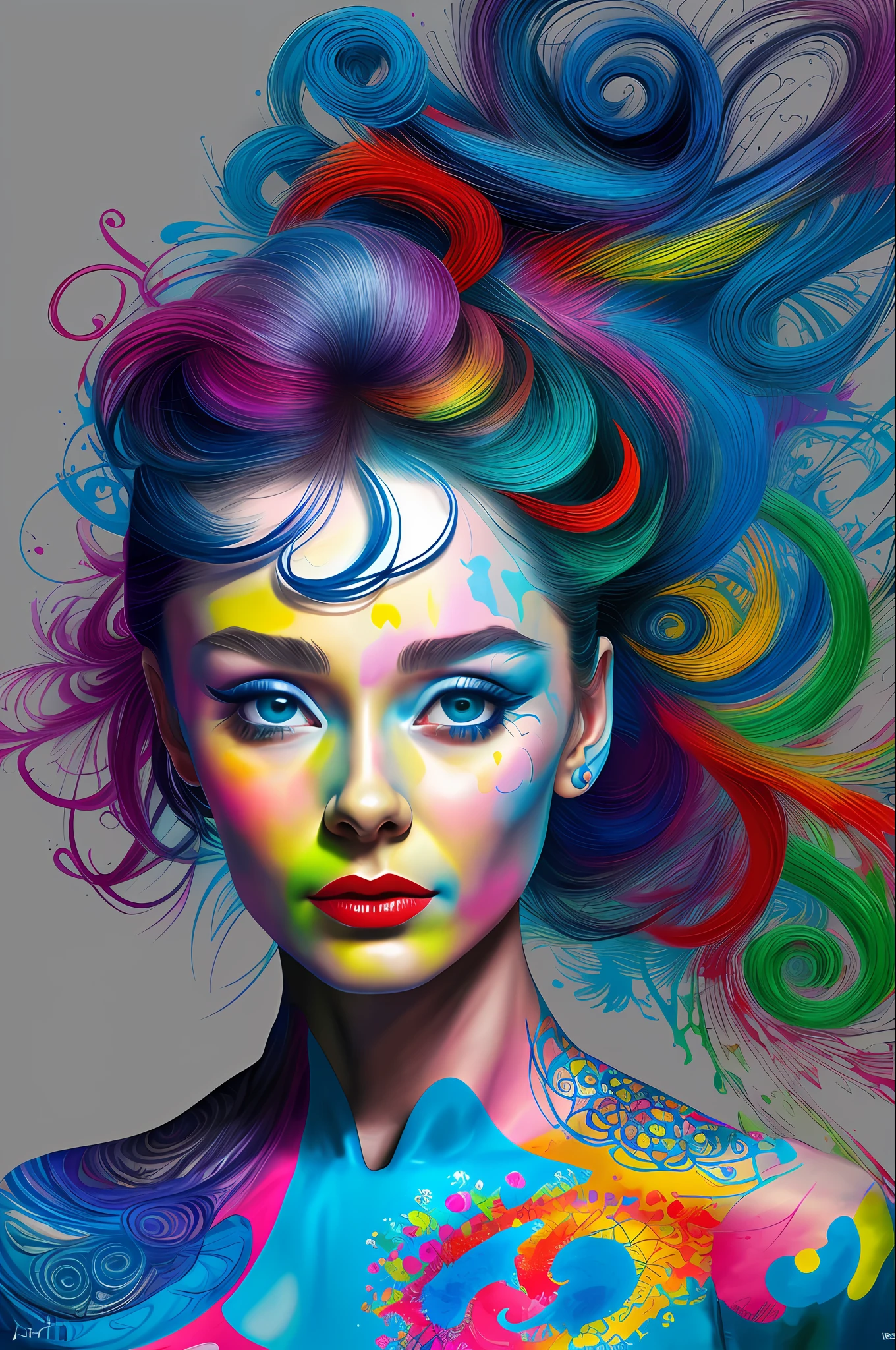 Audrey Hepburn with blue hair wearing a colorful outfit and a colorful background with splashes of paint on it, by Hirohiko Araki, official art, 8k unit wallpaper, ultra detailed, beautiful and aesthetic, masterpiece, best quality, (zentangle, mandala, tangled, tangled), 1girl, extremely detailed, dynamic angle, cowboyshot, the most beautiful form of chaos, elegant, a designed brutalist, vivid colors, Romanticism, by James Jean, Roby Dwi Antono, Ross Tran, Francis Bacon, Michal Mraz, Adrian Ghenie, Petra Cortright, Gerhard Richter, Takato Yamamoto, Ashley Wood, Atmospheric, Ecstasy of musical notes, Streaming of visible musical notes