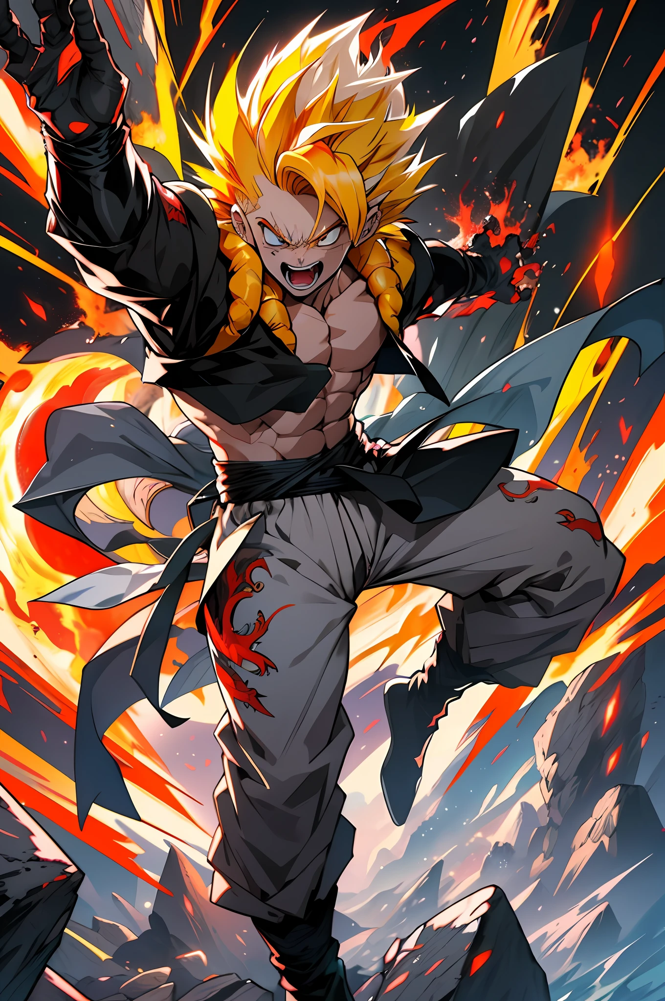 Ultra Supersayajin, diamond yellow colored hair and red eyes with black outlines painted around the eyes, white clothing with dragon tatoon print, screaming open mouth, fighting with the yellow-haired supersayajin, lots of fury against enemy, scenery in heaven and earth destroying everything