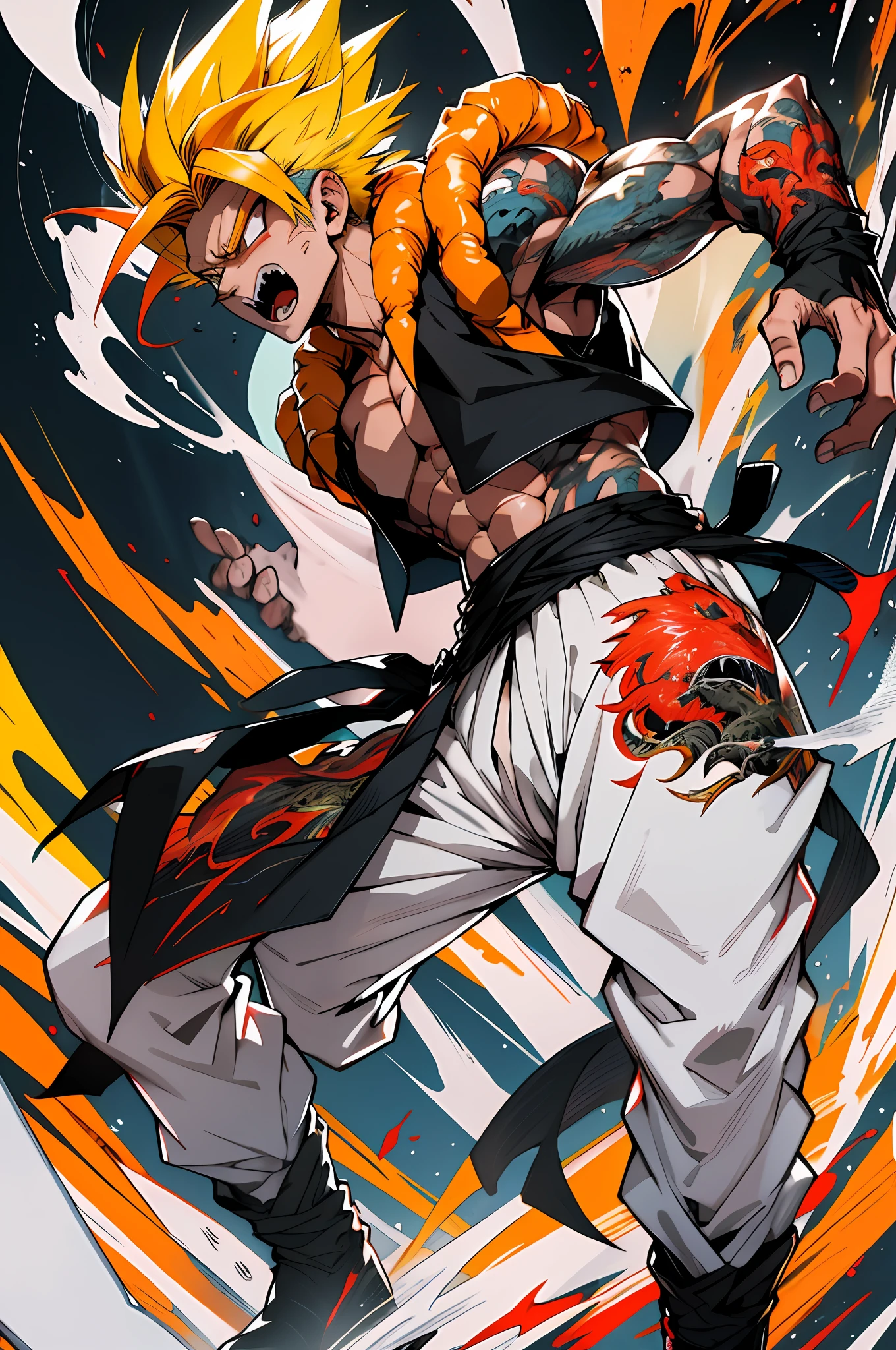 Ultra Supersayajin, diamond yellow colored hair and red eyes with black outlines painted around the eyes, white clothing with dragon tatoon print, screaming open mouth, fighting with the yellow-haired supersayajin, lots of fury against enemy, scenery in heaven and earth destroying everything