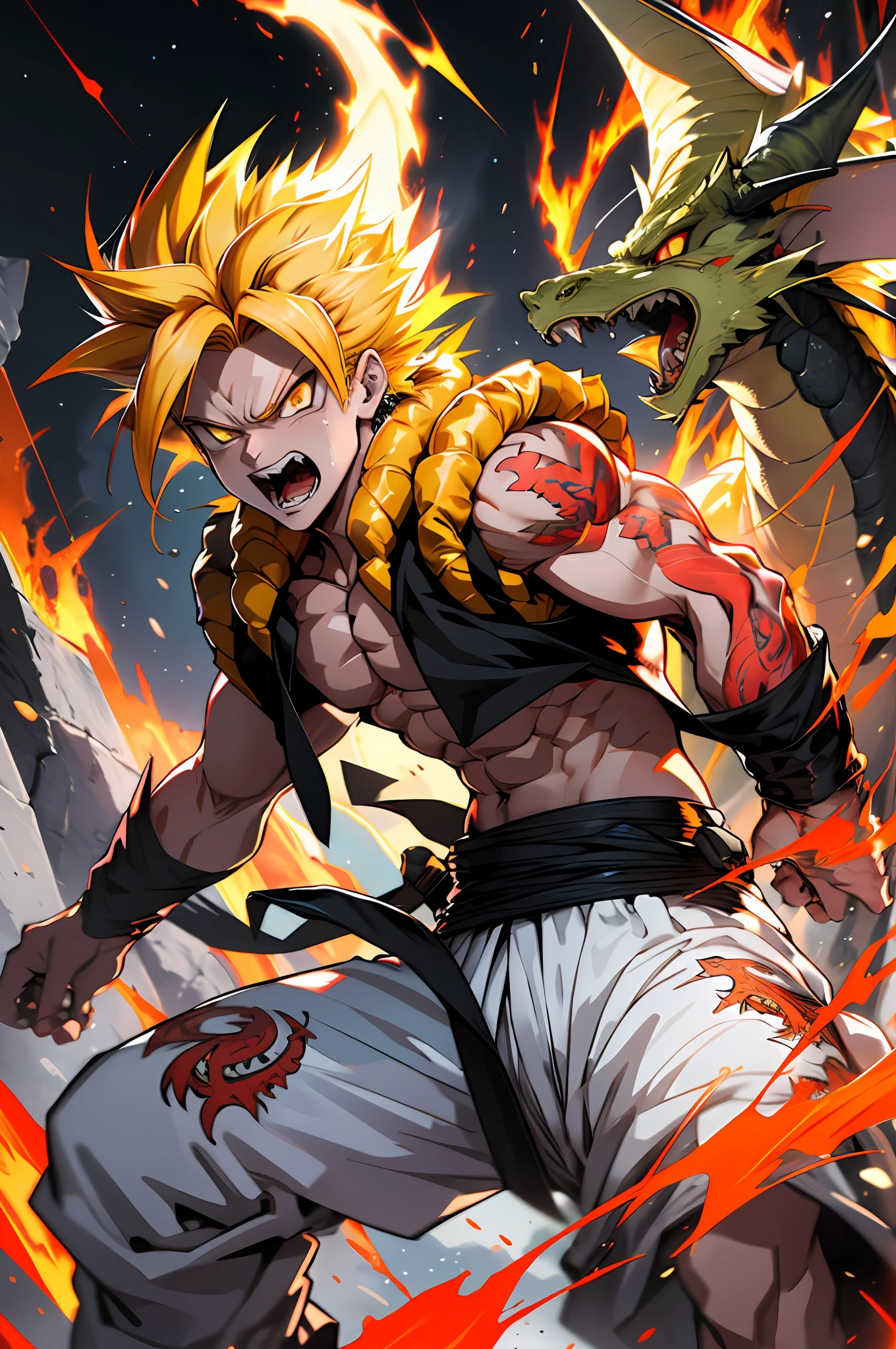 Ultra Supersayajin, diamond yellow colored hair and red eyes with black outlines painted around the eyes, white clothing with dragon tatoon print, screaming open mouth, fighting with the yellow-haired supersayajin, lots of fury against enemy, scenery in heaven and earth destroying everything