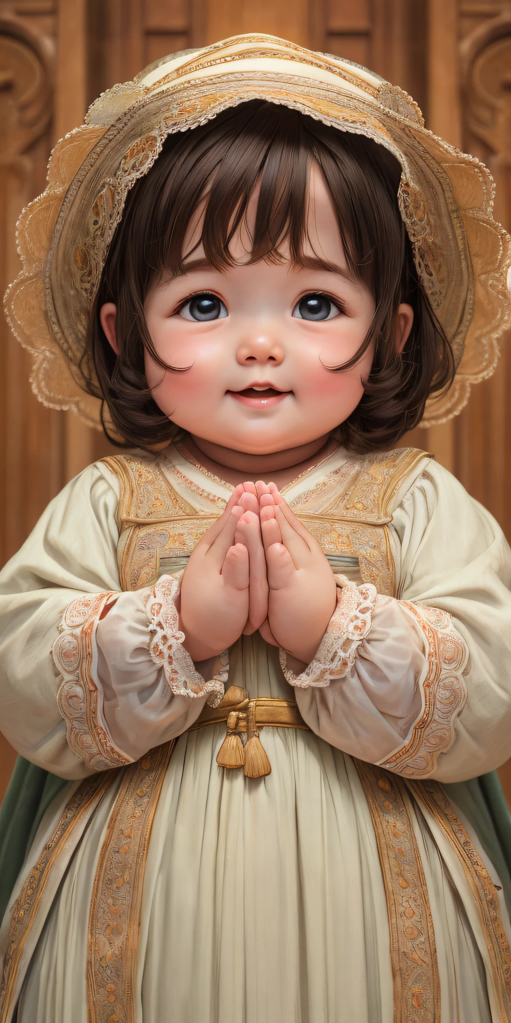 Happy chubby American baby with a beautiful outfit and rosy cheeks with hands in prayer Detailed skin texture, detailed cloth texture, detailed face, detailed hands, masterpiece, best quality, super detailed --auto --s2