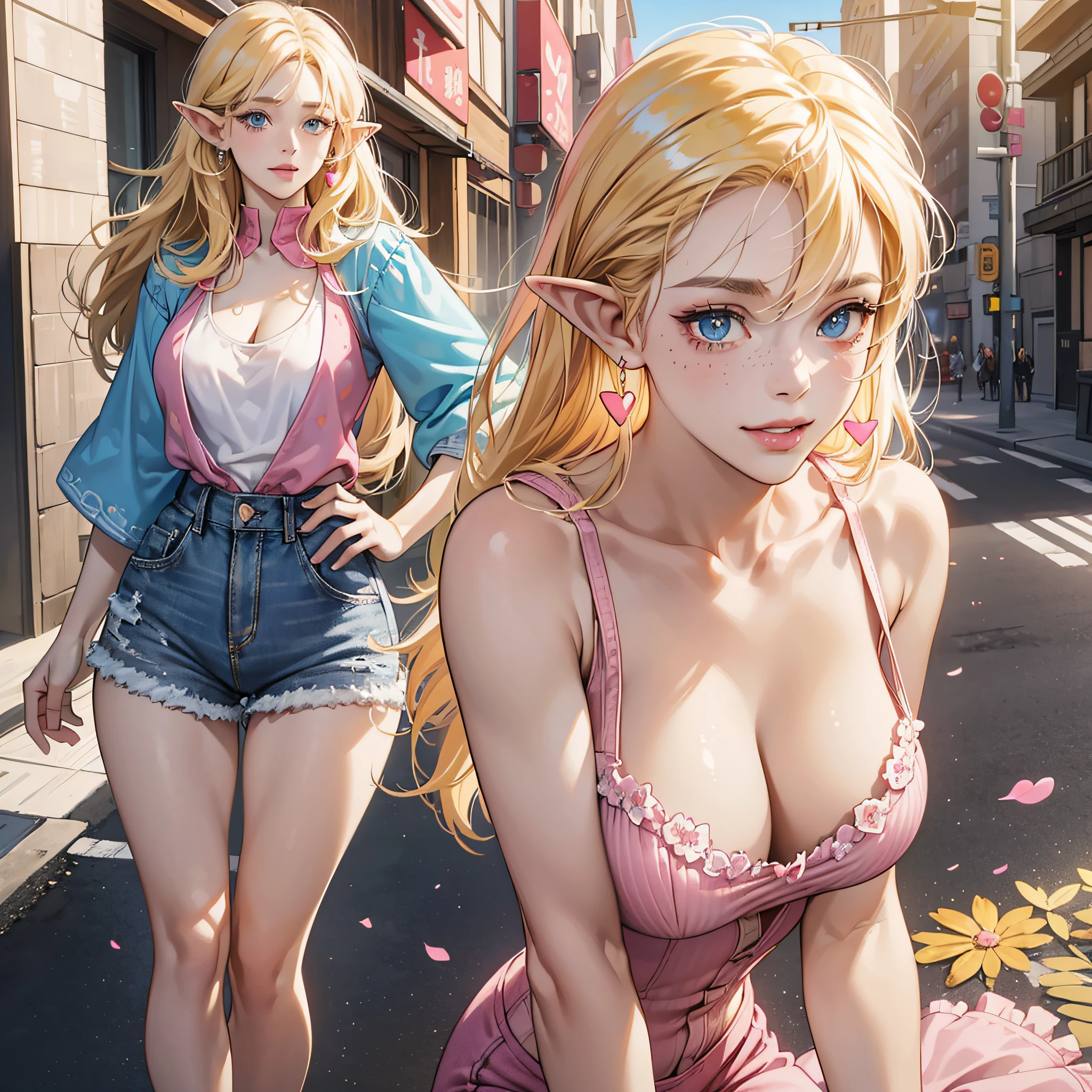 (Best quality, 4k, Masterpiece :1.3), beautiful woman, hyper realistic, 1girl, (droopy breasts, attractive body :1.2), sit-ups :1.1, long straight light yellow hair with bangs :1.1, ultra-detailed face, detailed lips, detailed eyes, double eyelid, short pink bra, open neckline, hanging breasts, side pose, visible curves, in the middle of the street, light blue short jean shorts, muscular turned leg, Big breasts, blue eyes, pink high heels, open sky with sun, smiling, Japanese, big ass, standing on his back looking back, show more ass, freckle on face, freckle on ass, beautiful elf, pink lips, pink heart earrings --auto --s2