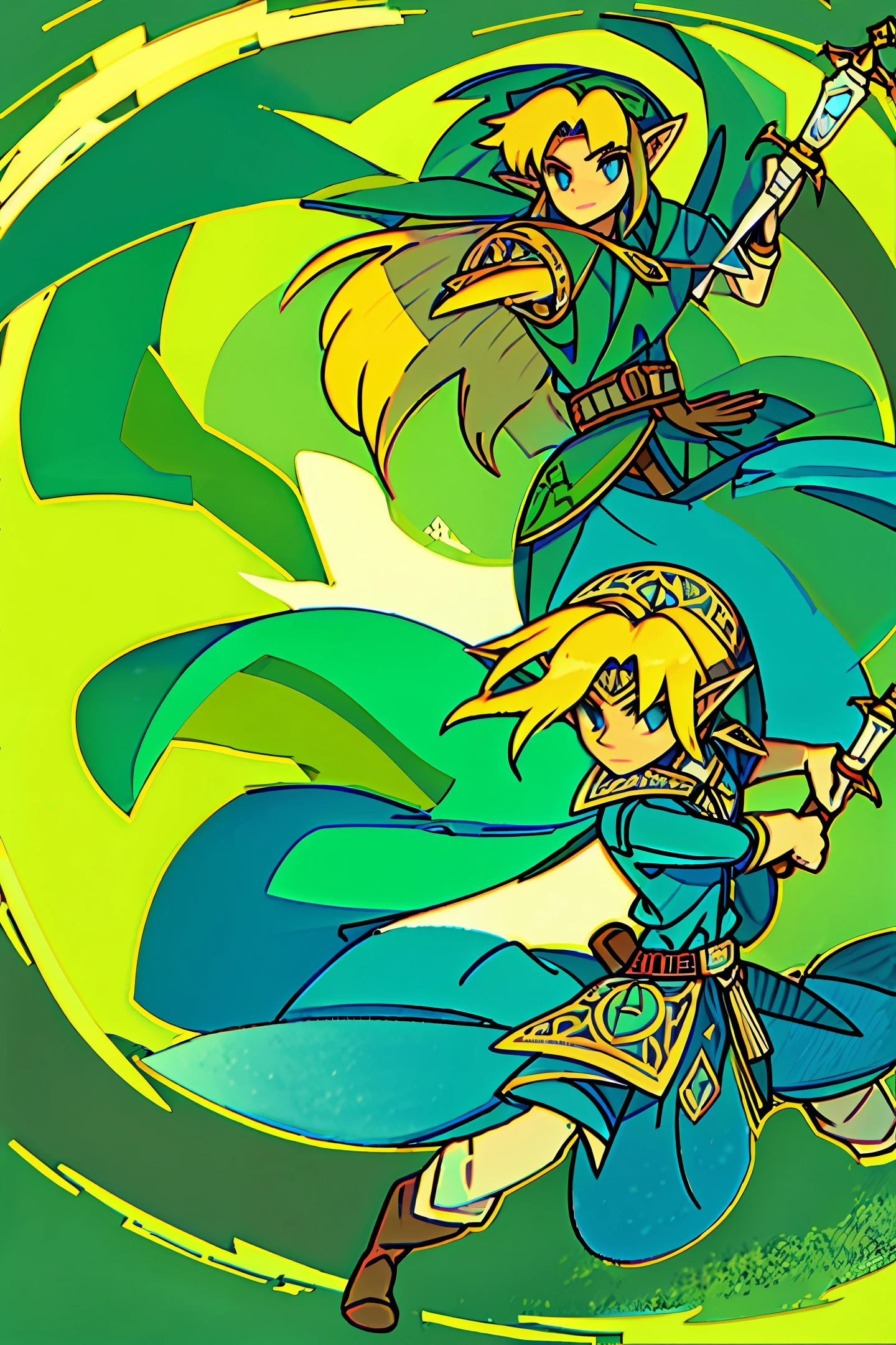 link in his green armor holding a sword and shield in each hand shield, link, weapon, sword, 1boy, blonde hair, male focus, solo, pointy ears, blue eyes, tunic, hat, left-handed, holding weapon, holding sword, boots, holding