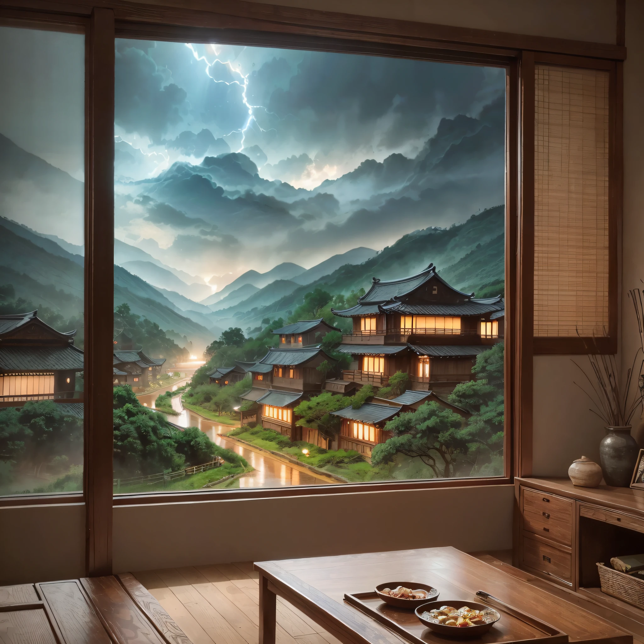 There is a painting looking at the valley from the window. Volumetric lighting, realistic fantasy rendering, Chinese landscape, Japanese art style, detailed landscape — width 672