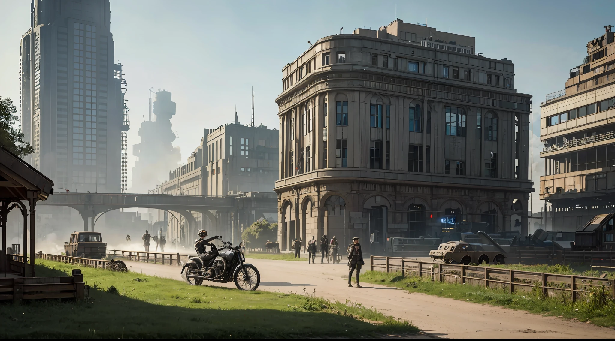 scene showing the contrast between a bustling dieselpunk city and a serene countryside, vibrant, photorealistic, realistic, dramatic, dark, sharp focus, 8k