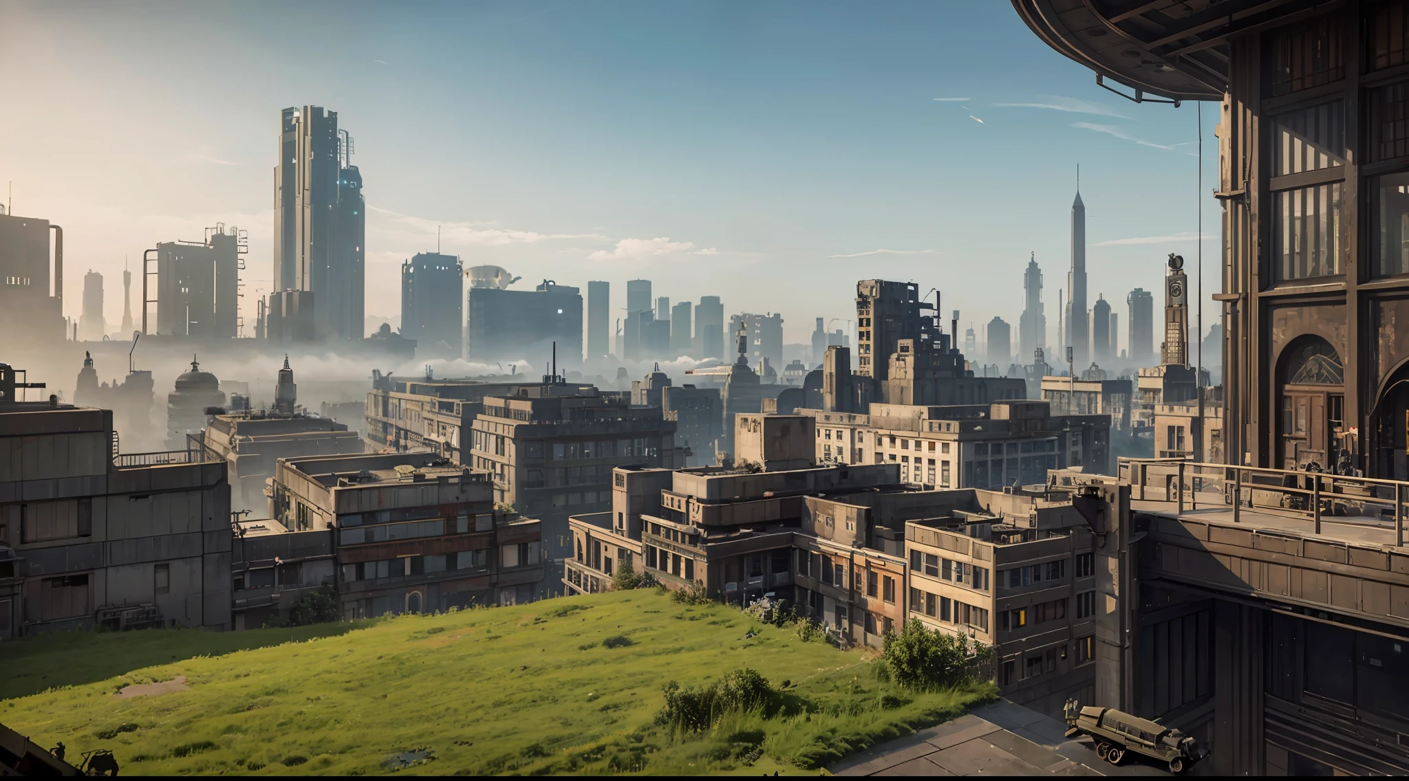 scene showing the contrast between a bustling dieselpunk city and a serene countryside, vibrant, photorealistic, realistic, dramatic, dark, sharp focus, 8k