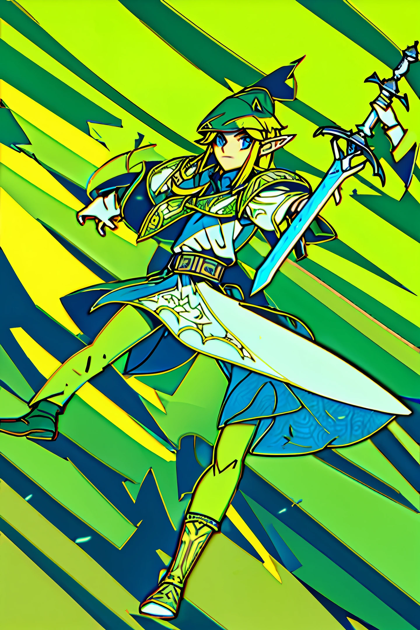 link in his green armor holding a sword and shield in each hand shield, link, weapon, sword, 1boy, blonde hair, male focus, solo, pointy ears, blue eyes, tunic, hat, left-handed, holding weapon, holding sword, boots, holding