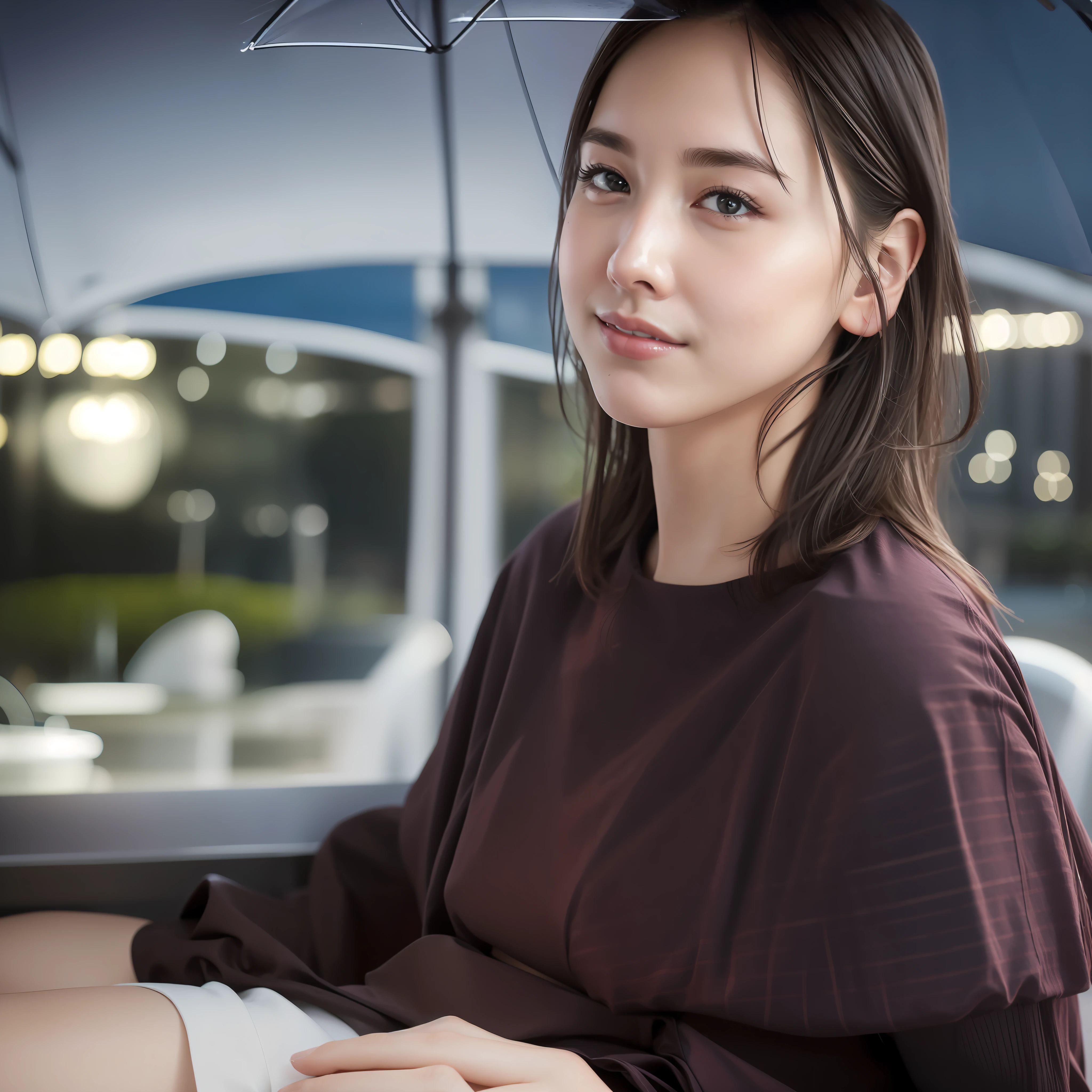 (8k, best quality, masterpiece:1.2), (realistic, photo-realistic:1.37), ultra-detailed,((( 1 girl))),solo,beautiful detailed sky,detailed cafe,night,sitting,dating,(nose blush),(smile:1.15),(closed mouth) small ???????,beautiful detailed eyes,(shirt:1.1), night, wet, rain,white lace, (short hair:1.2),floating hair NovaFrogStyle, ((full body)),stand, ????, cute