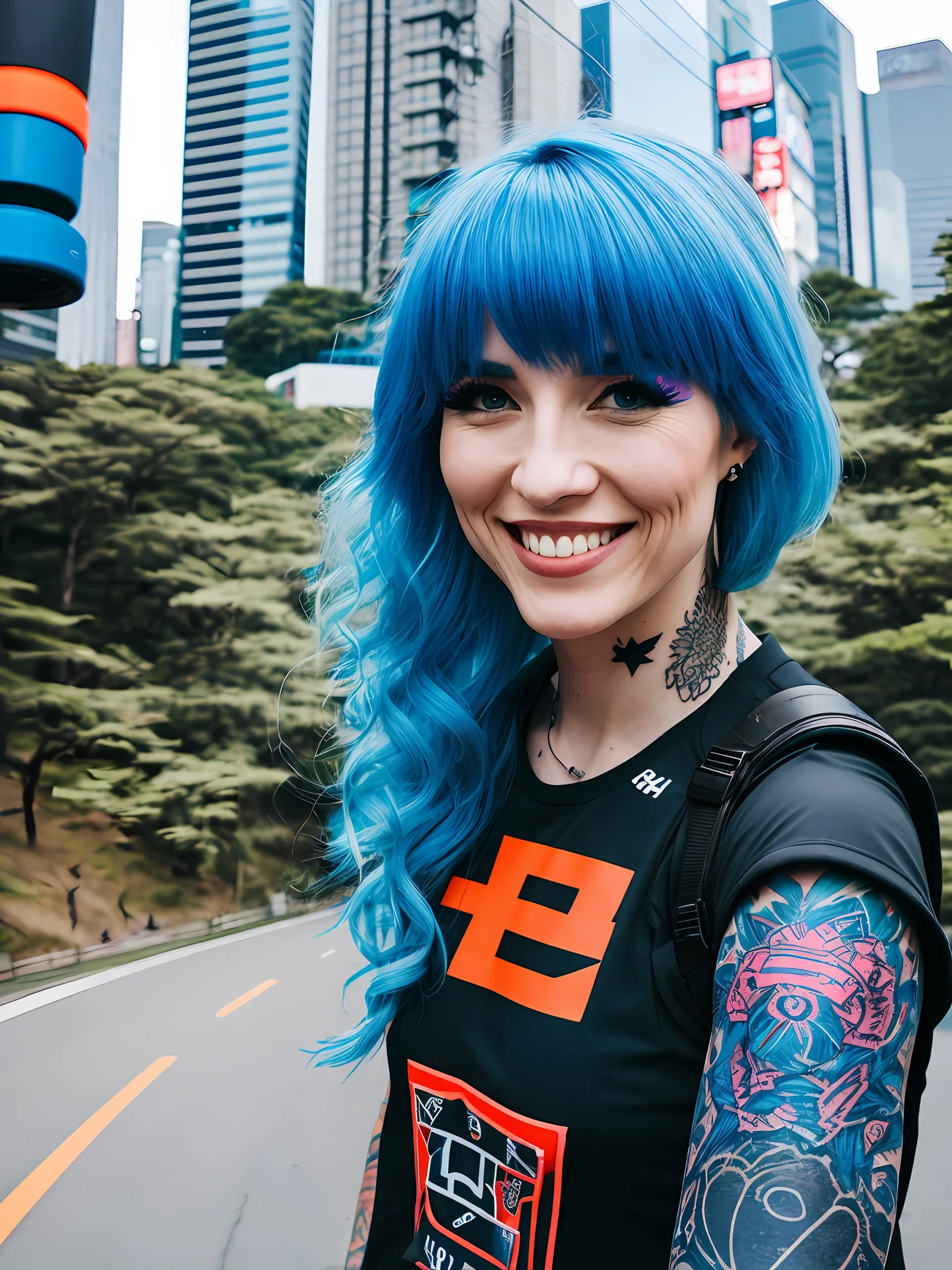 Pokket, filmed on DSLR, Gopro, 8K, detailed face, blue hair, 25-year-old woman, is in Tokyo, wearing black neon rock clothes, black tattoos, smiling