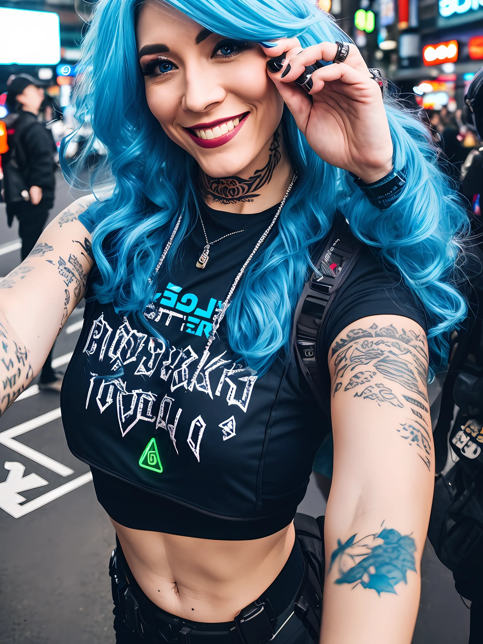 Pokket, filmed on DSLR, Gopro, 8K, detailed face, blue hair, 25-year-old woman, is in Tokyo, wearing black neon rock clothes, black tattoos, smiling