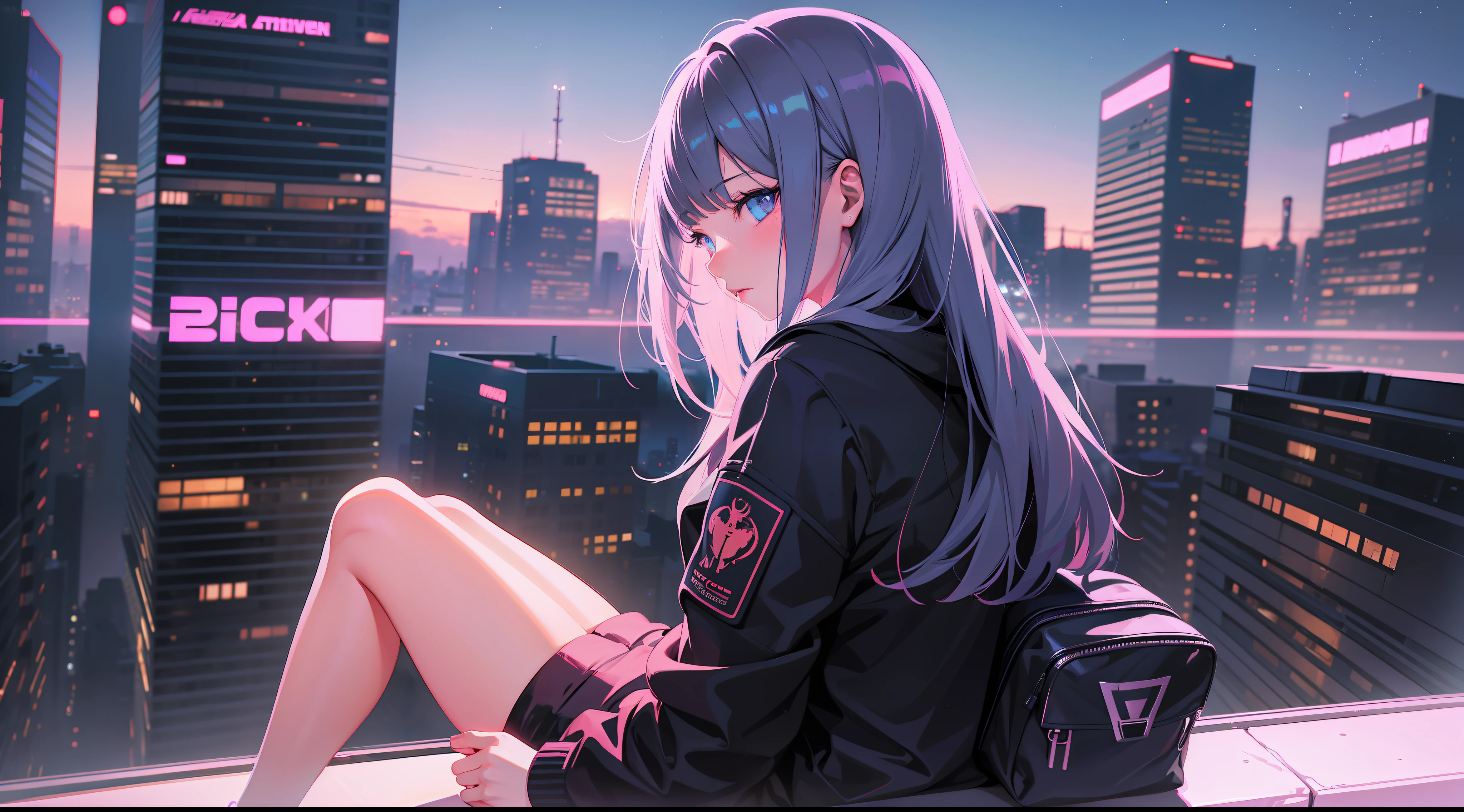 Anime girl sitting on the windowsill looking at the city at night, landscape of ilya kuvshinov, digital art ilya kuvshinov, inspired by Alena Aenami, by Alena Aenami, art of alena aenami, cyberpunk vibes, RGB colors and vibrations, neon city in the background, artistic. Alena Aenami, Ilya Kuvshinov.