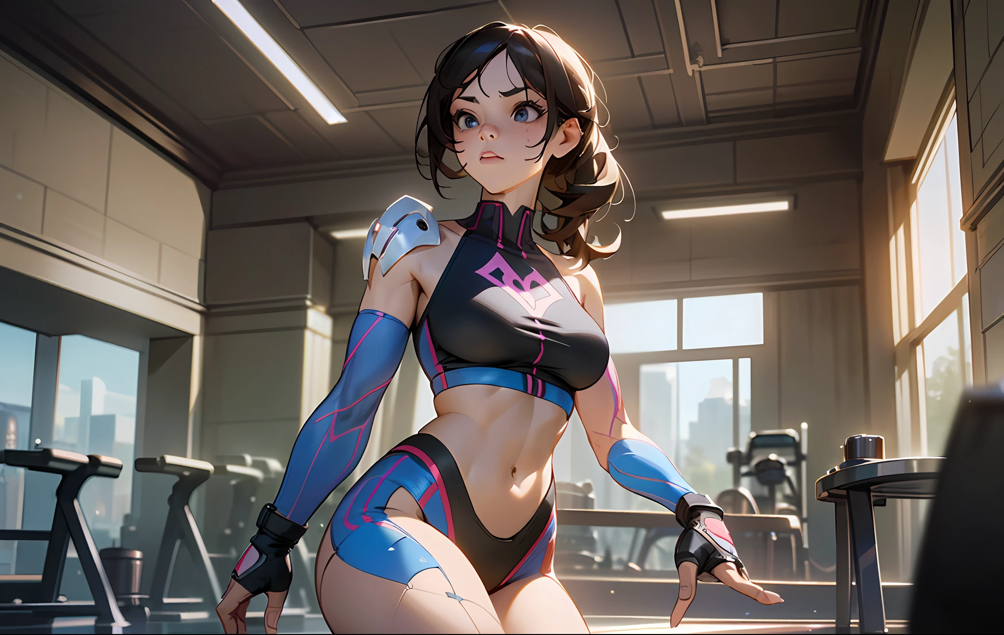 (masterpiece, best quality),1girl after a workout at the gym, full body, halfbody : : hyper realistic, photorealistic portraiture, Marvel Comics cover art, mix 2D and 3D rendering, vivid VFX, CGI, Artgerm, cinematic, incredibly detailed, studio lighting, mixed media, digital art, character design, 8k,