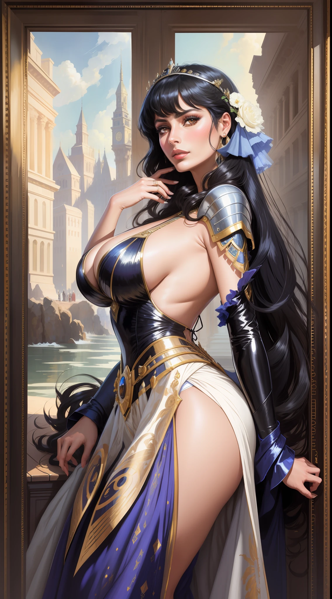 woman, solo, dj, black hair, white eyes, detailed face, ([Gal Gadot|Sophia Loren|Eva Mendes]:0.8), (arosen style :0.9), masterpiece, professional, high quality, beautiful, amazing, vintage, Behance, Backless Dress, shiny, photoshoot, 4k, realistic, detailed background, astonishing, real life, by Howard Pyle, by Joaqun Sorolla,