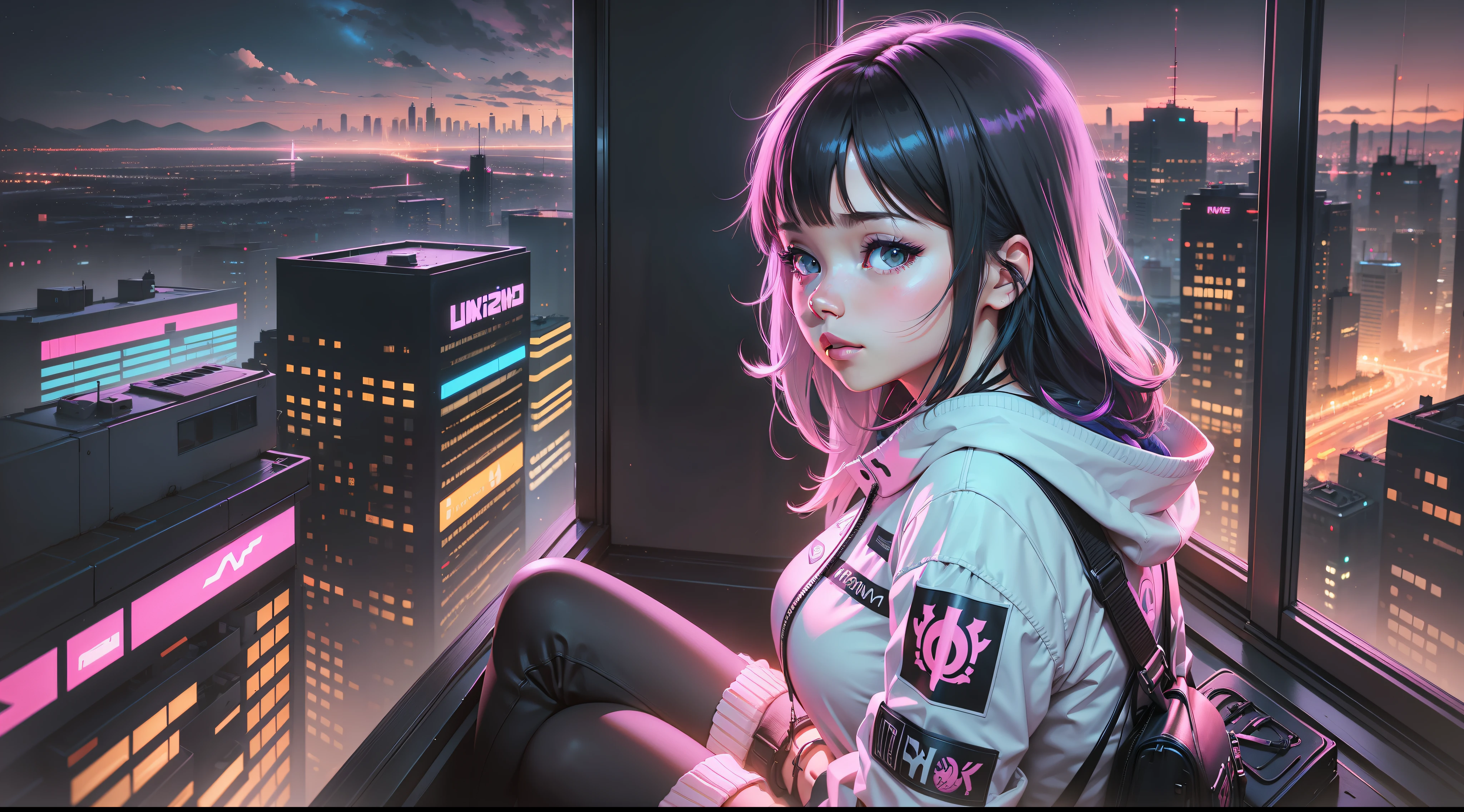 Anime girl sitting on the windowsill looking at the city at night, landscape of ilya kuvshinov, digital art ilya kuvshinov, inspired by Alena Aenami, by Alena Aenami, art of alena aenami, cyberpunk vibes, RGB colors and vibrations, neon city in the background, artistic. Alena Aenami, Ilya Kuvshinov.