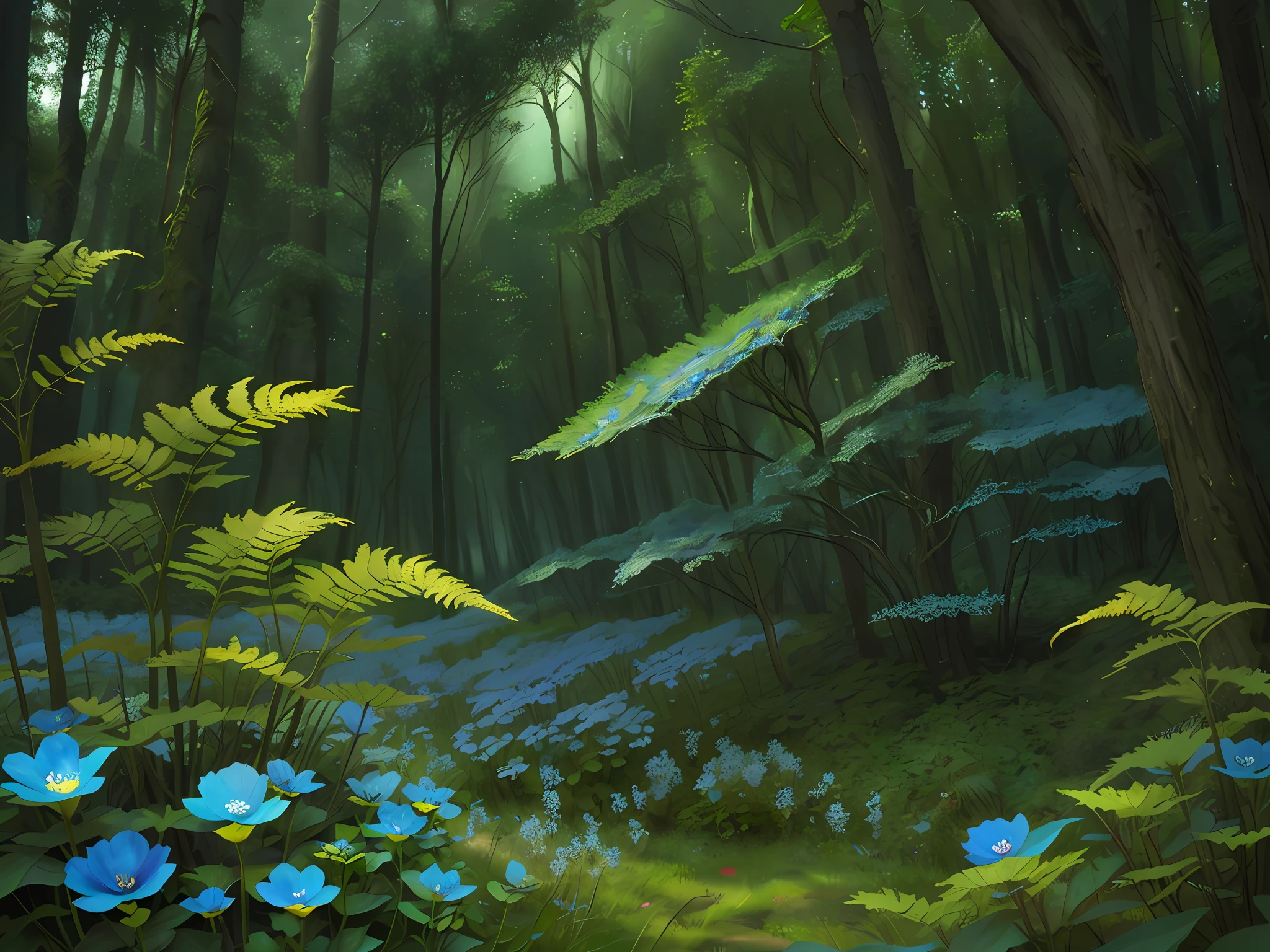 fern, one blue flower, night in the forest, lights around the flower, mystical haze, realistic, magically high detail