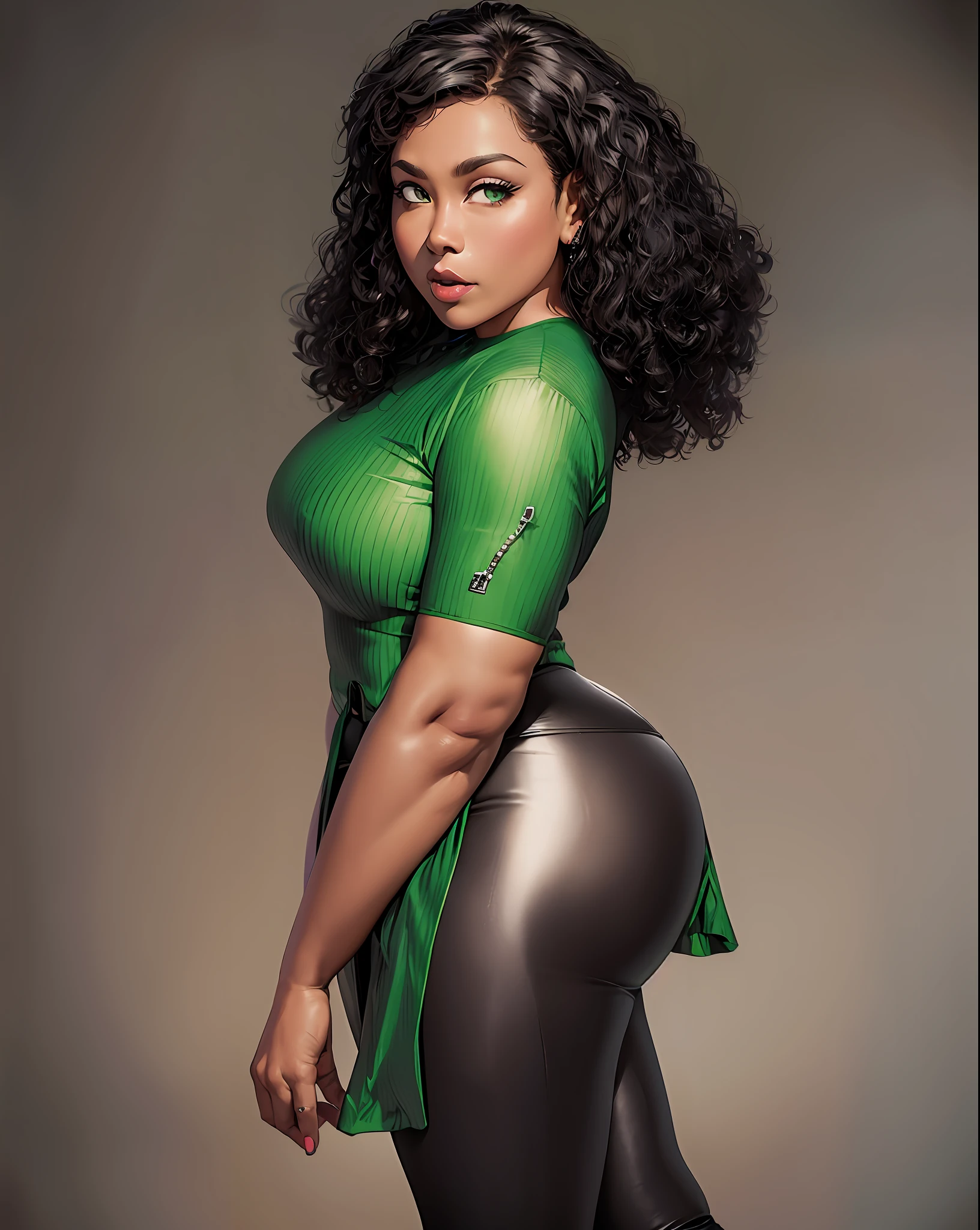 a close up of a woman in black tight pants and a green shirt, skinny waist and thick hips, thicc, jaw-dropping beauty, young lady, with brown skin, tight attire, thick thighs, casual pose.