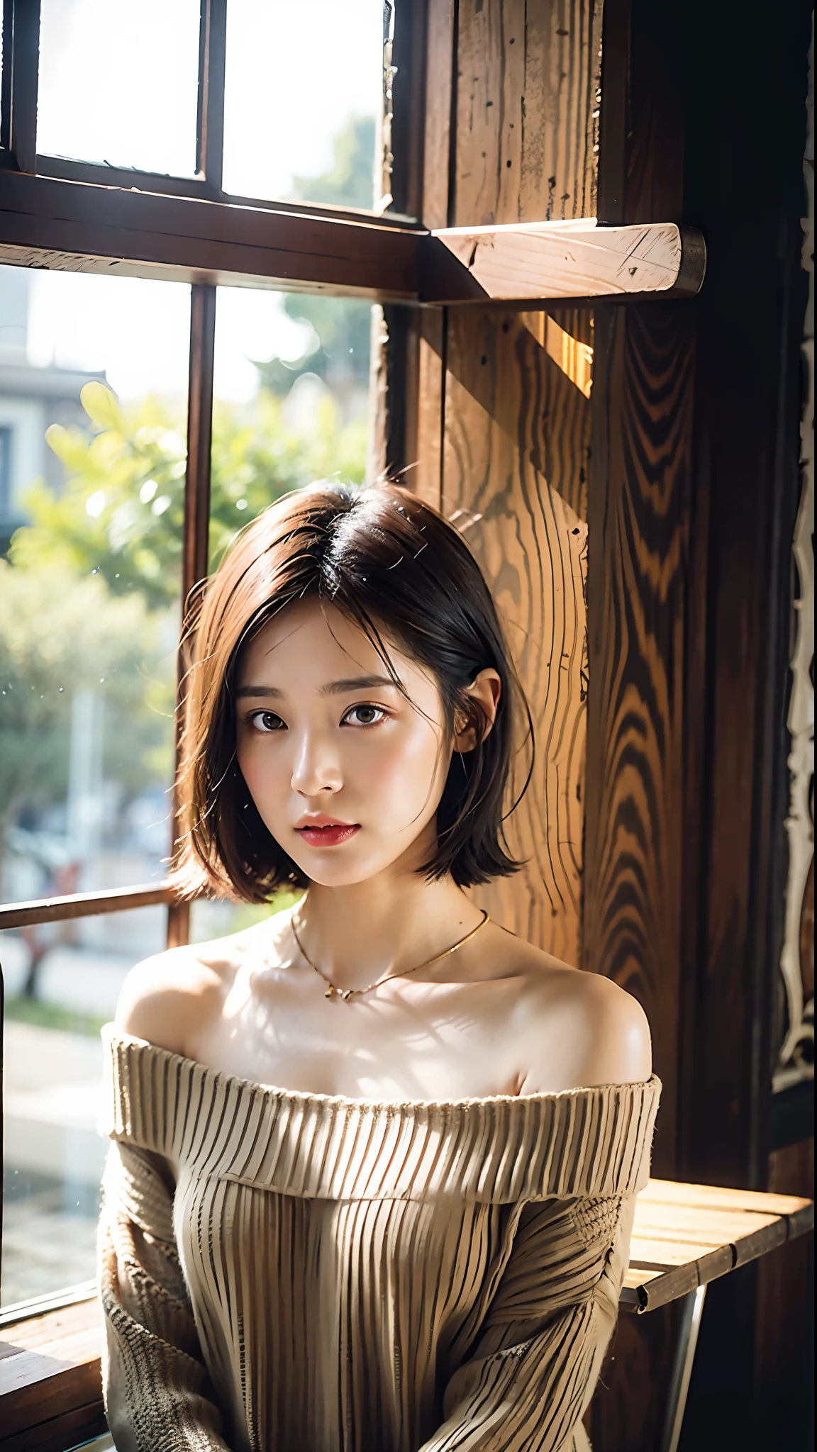 (Best Quality, 8k, 32k, Masterpiece, UHD: 1.2), Cute Japan Woman Pictures, Big Breasts, Very Short Bob Hair, Upper Body, Face Focus, oversized_sweater, Necklace, Simple Background, From Above, Look at the Viewer, Beige Off-Shoulder Knit, Openwork Knit, Big, Disheveled Hair, Xiyang, Backlit, Xiyang Leaking Through Hair, 1 person, Standing in an antique café, Saiyo leaking through the window