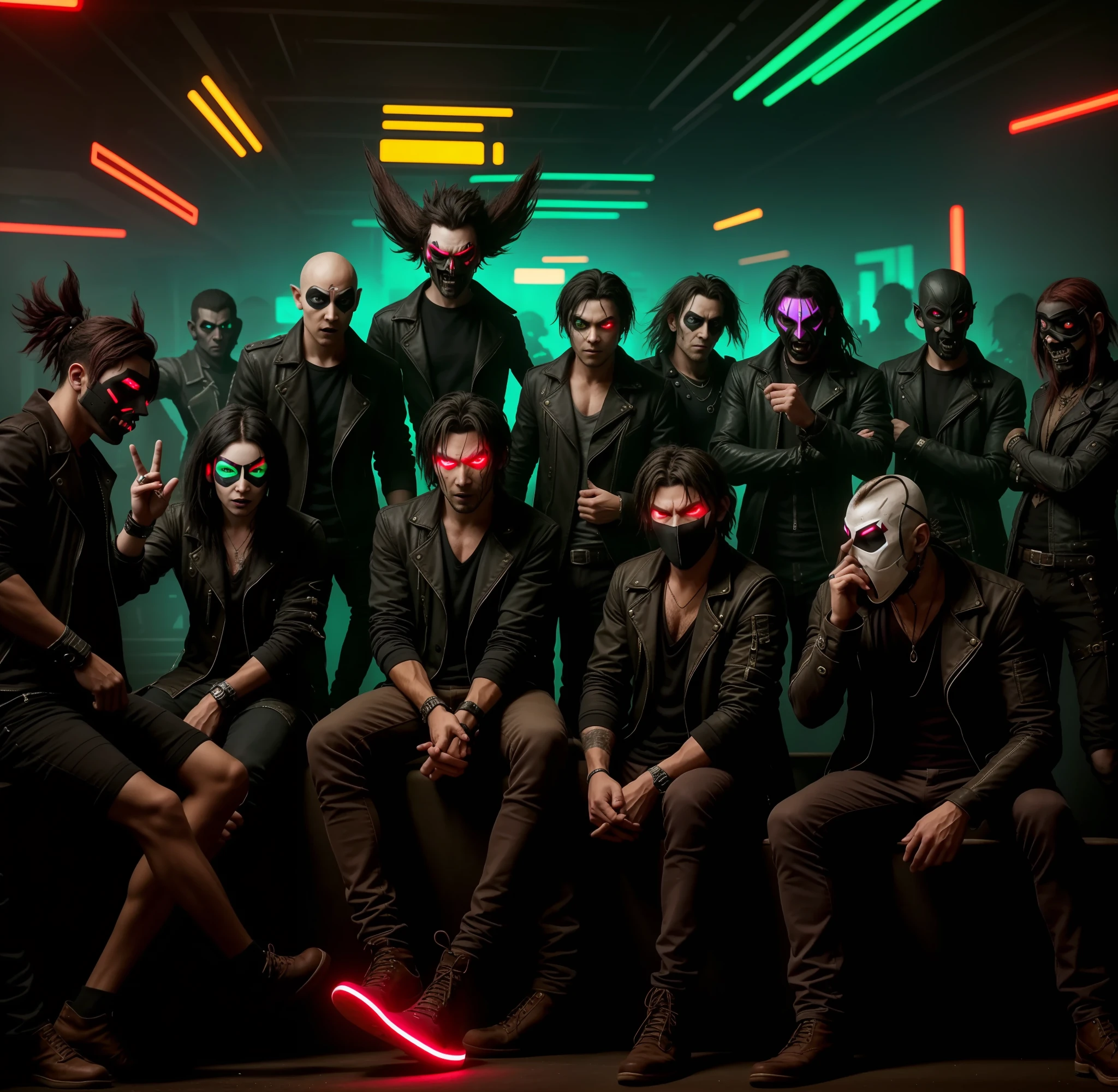 there's a group of people sitting together in a room, group of people in a dark room, vampire in mask, overload, composition, by Galen Dara, goblins partying at a rave, and they all look terrified, in cyber punk 2077, dark neon punk, cyberpunk style, edited, cyberpunk with neon lighting, album art, hand quality, 5 fingers.