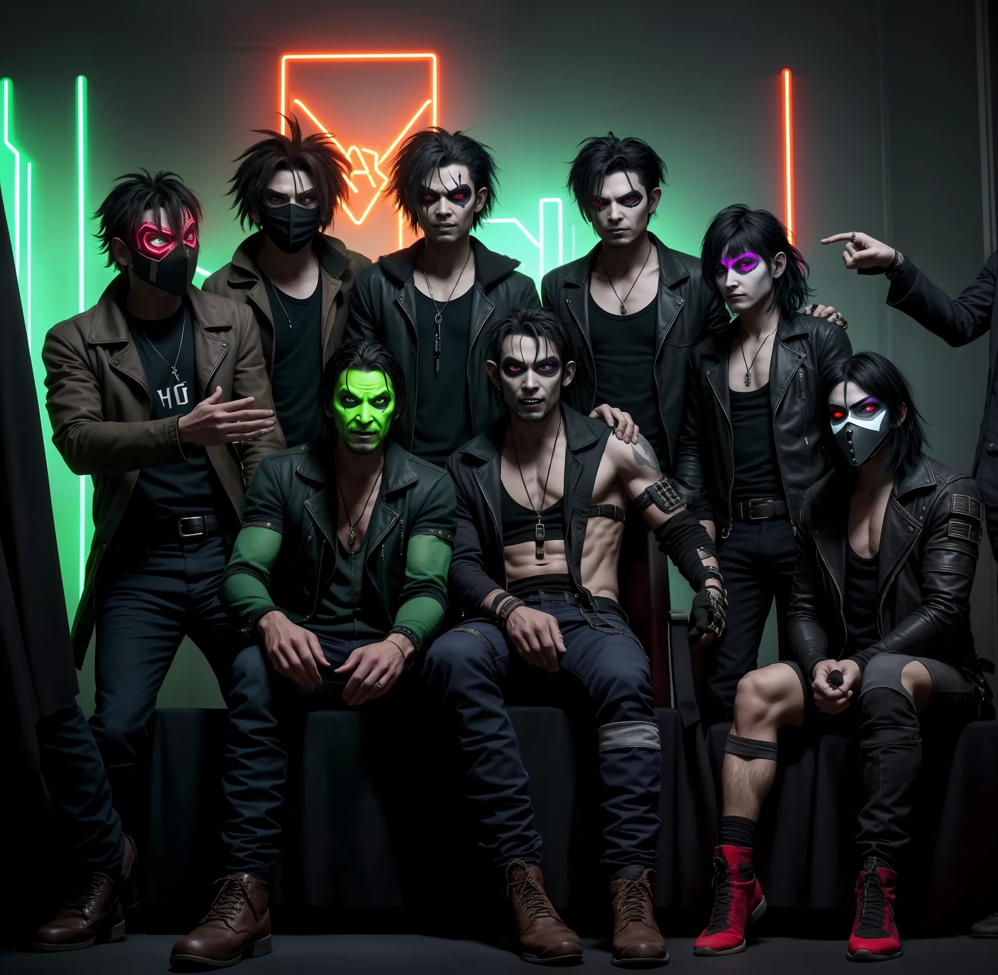 there's a group of people sitting together in a room, group of people in a dark room, vampire in mask, overload, composition, by Galen Dara, goblins partying at a rave, and they all look terrified, in cyber punk 2077, dark neon punk, cyberpunk style, edited, cyberpunk with neon lighting, album art, hand quality, 5 fingers.