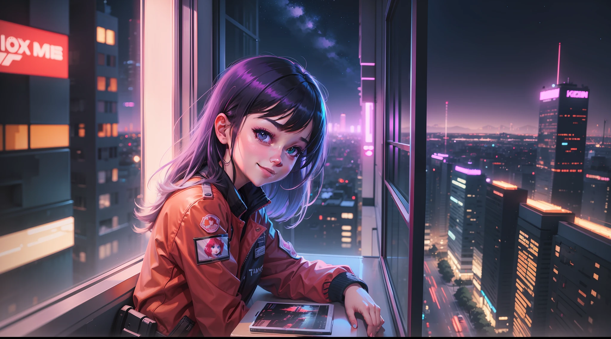 Anime girl smiling and sitting on the windowsill looking at the city at night, landscape of ilya kuvshinov, digital art ilya kuvshinov, inspired by Alena Aenami, by Alena Aenami, art of alena aenami, cyberpunk vibrations, RGB colors and vibrations, neon city in the background, artistic. Alena Aenami, Ilya Kuvshinov.
