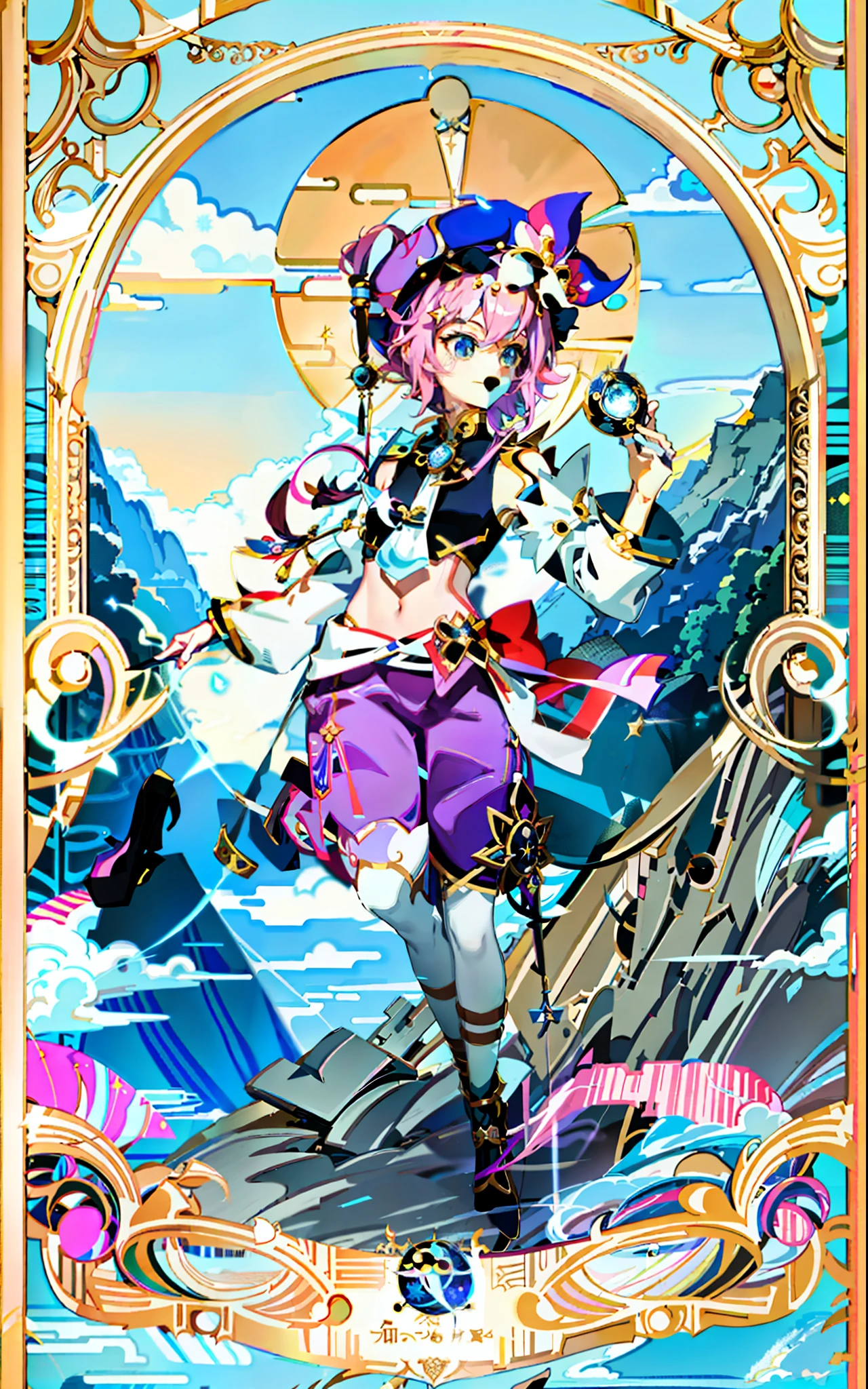 Sailor girl in purple outfit and pink hat holding a flower, [tarot card] !!!!!, portrait of a short short!, portrait of a magical girl carrying a magic staff, non-binary deity of spring, anime in the style of modern, anime in the style of fantasy, official art, style of a magical girl, gentle androgynous prince, official fan art, detailed fan art, Anime character in a frame with a background of a starry sky, anime in the style of modern space display,  official fan art like tarot card, [tarot card]!!!!!, Jen Barthel, Celestial Witch, Secret Art Style, Beautiful Celestial Mage, Goddess of Space and Time, Official Art, Star Tarot Card, Art Nouveau Anime, Card Design, Dory (genshin impact), Fool, Fool Card, Slime, Clouds Curls, Flat, Mountains, Palace, Cliff, Flat, Sun, Girl Runs, Rough Shadows