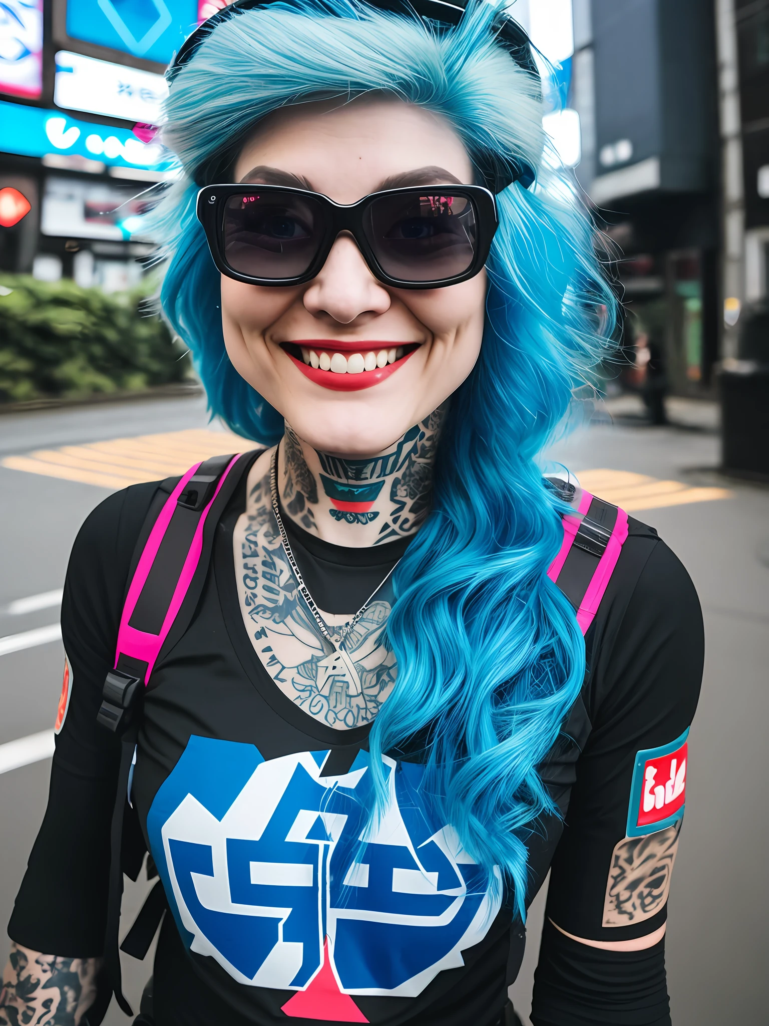 Pokket, filmed on DSLR, Gopro, 8K, detailed face, blue hair, 25-year-old woman, is in Tokyo, wearing black neon rock clothes, black tattoos, smiling