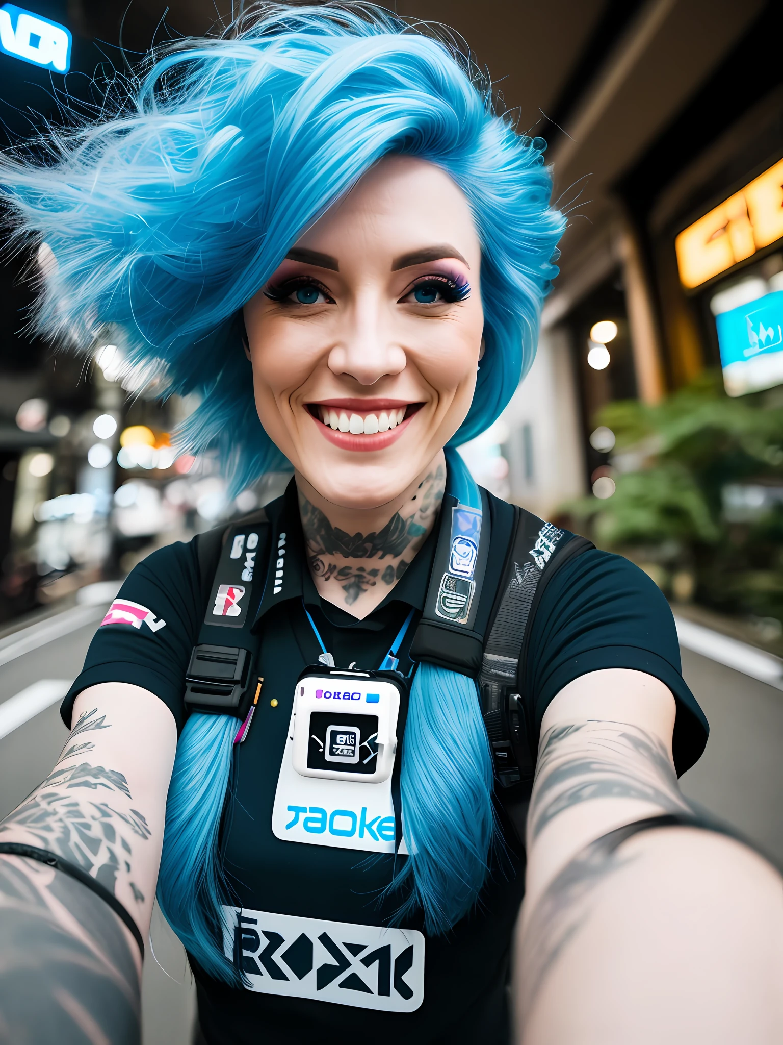Pokket, filmed on DSLR, Gopro, 8K, detailed face, blue hair, 25-year-old woman, is in Tokyo, wearing black neon rock clothes, black tattoos, smiling