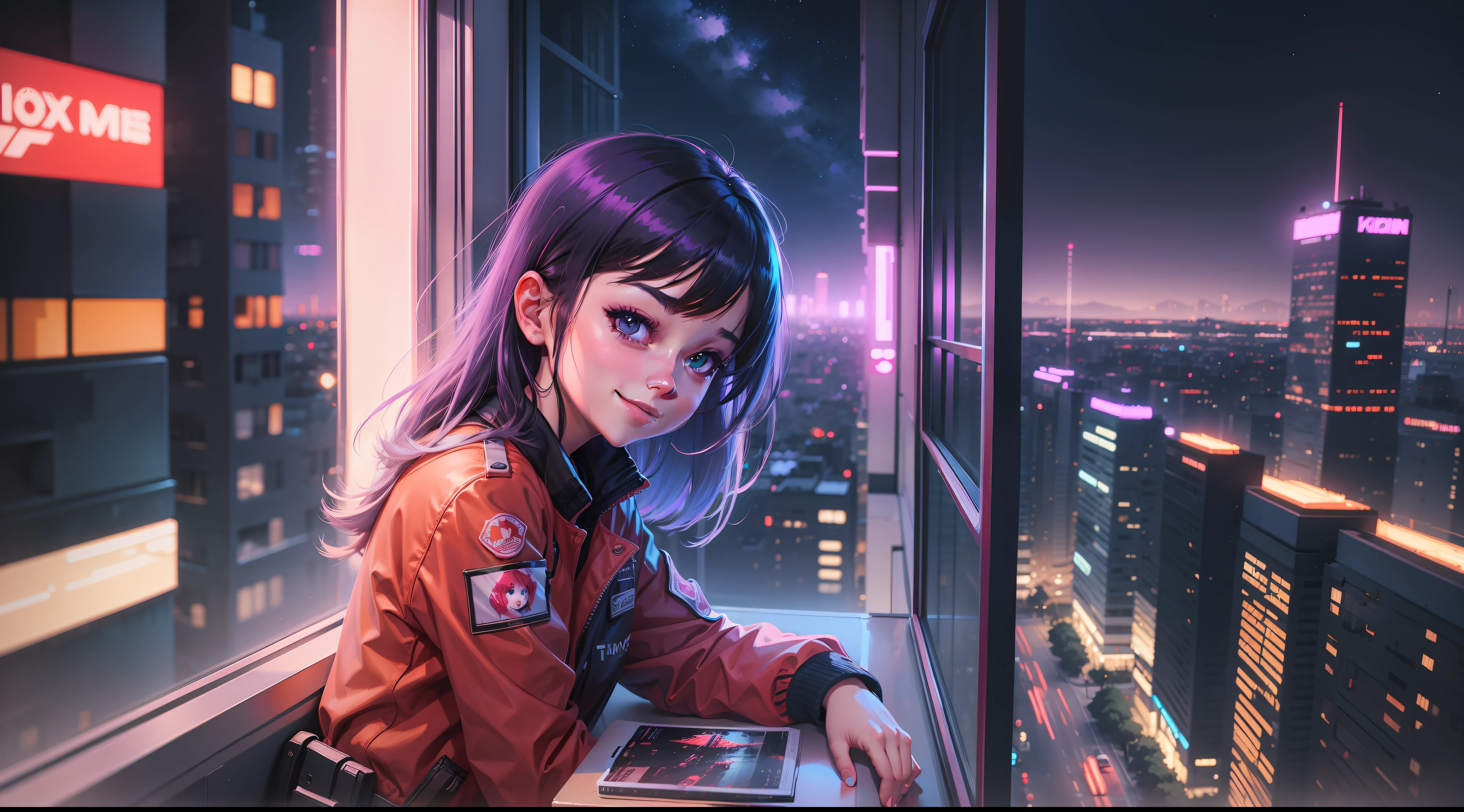 Anime girl smiling and sitting on the windowsill looking at the city at night, landscape of ilya kuvshinov, digital art ilya kuvshinov, inspired by Alena Aenami, by Alena Aenami, art of alena aenami, cyberpunk vibrations, RGB colors and vibrations, neon city in the background, artistic. Alena Aenami, Ilya Kuvshinov.