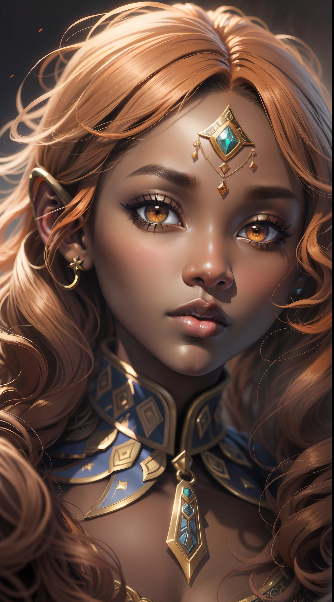 Closeup photo portrait of beautiful ebony _woman as druid, dark makeup, short ginger hair, big perfect eyes, big perfect lips,, epic character composition, frontal view, atmospheric scene, masterpiece, best quality, (detailed beautiful face, detail skin texture, ultra-detailed body:1.1), diffused lighting