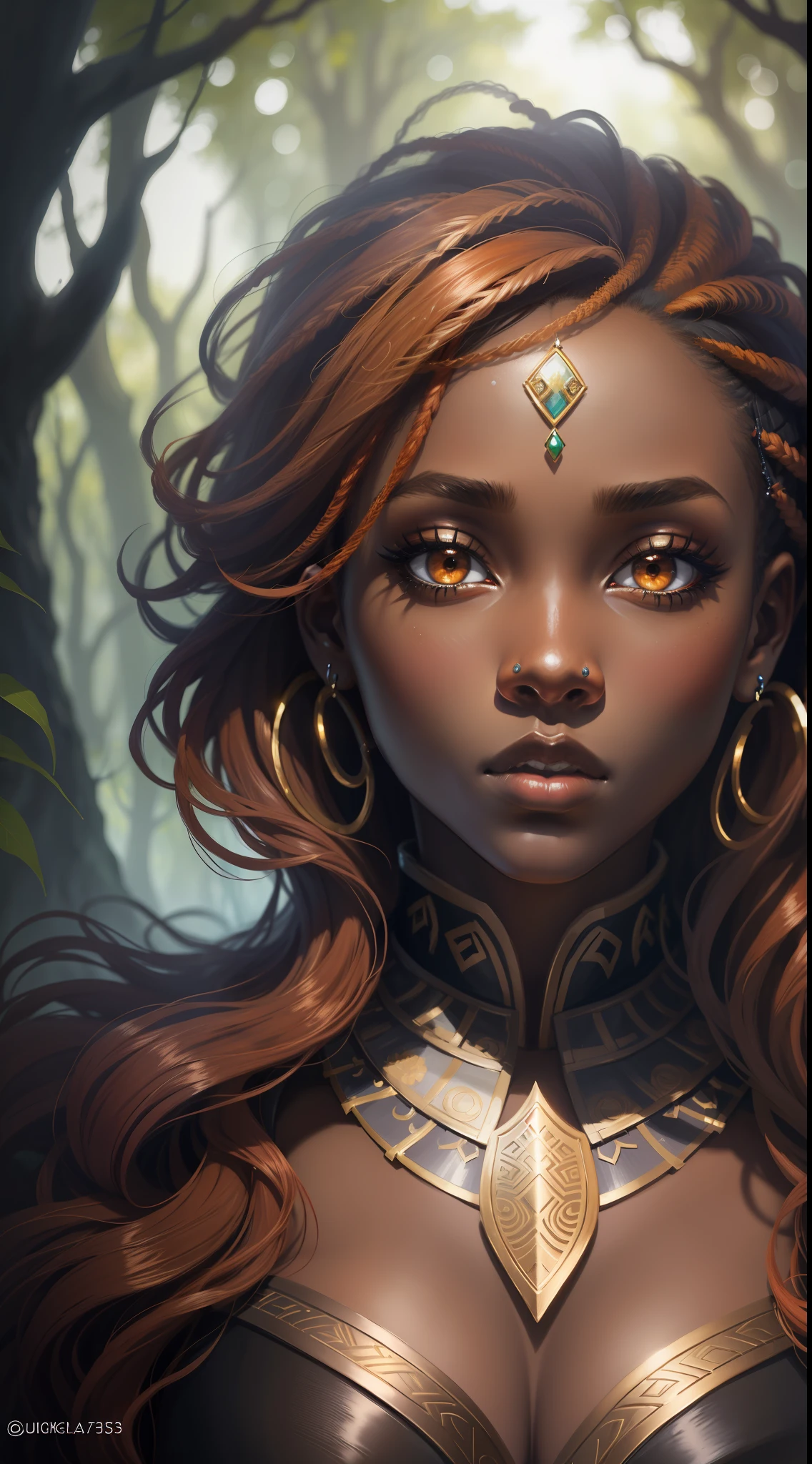 Closeup photo portrait of beautiful ebony teenager_woman as druid, dark makeup, short ginger hair, big perfect eyes, big perfect lips,, epic character composition, frontal view, atmospheric scene, masterpiece, best quality, (detailed beautiful face, detail skin texture, ultra-detailed body:1.1), diffused lighting