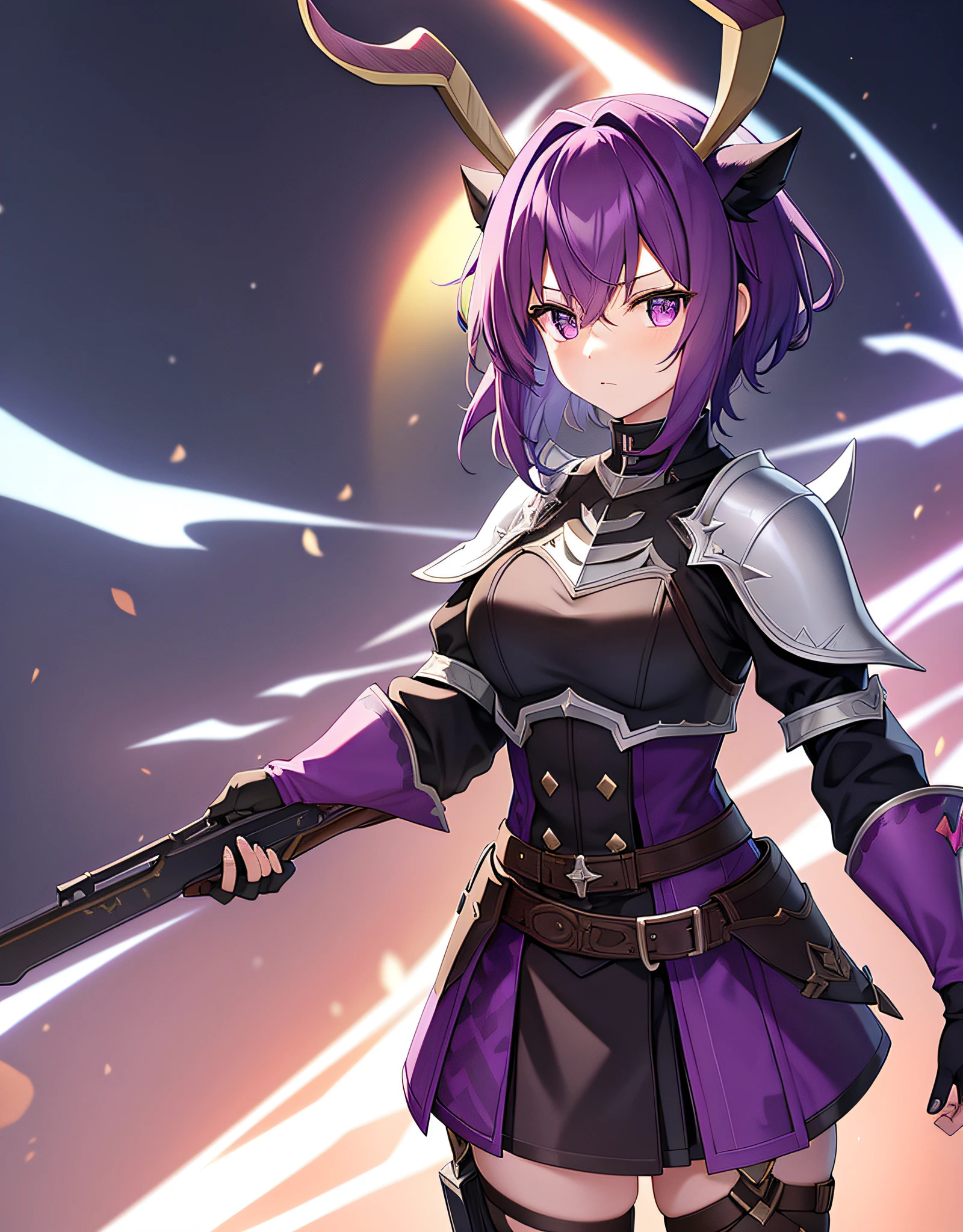 Knight Jackalope, short purple hair, jackalope antlers, dark armor(masterpiece, best quality)
