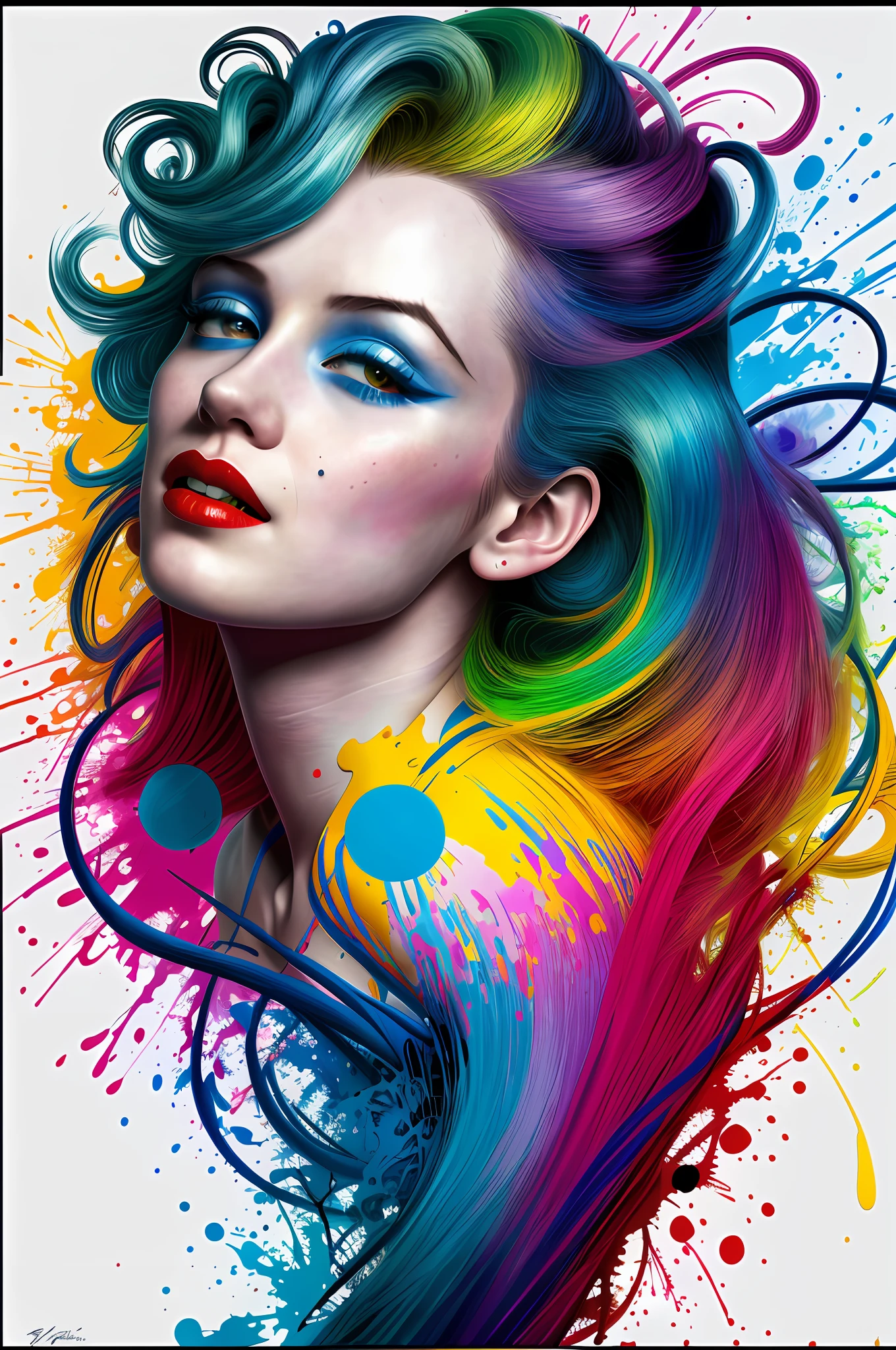 Marilyn Monroe with blue hair wearing a colorful outfit and a colorful background with splashes of paint on it, by Hirohiko Araki, official art, 8k unit wallpaper, ultra detailed, beautiful and aesthetic, masterpiece, best quality, (zentangle, mandala, tangled, tangle), 1girl, extremely detailed, dynamic angle, cowboyshot, the most beautiful form of chaos, elegant, a designed brutalist,  vivid colors, Romanticism, by James Jean, Roby Dwi Antono, Ross Tran, Francis Bacon, Michal Mraz, Adrian Ghenie, Petra Cortright, Gerhard Richter, Takato Yamamoto, Ashley Wood, Atmospheric, Ecstasy of musical notes, Streaming of visible musical notes