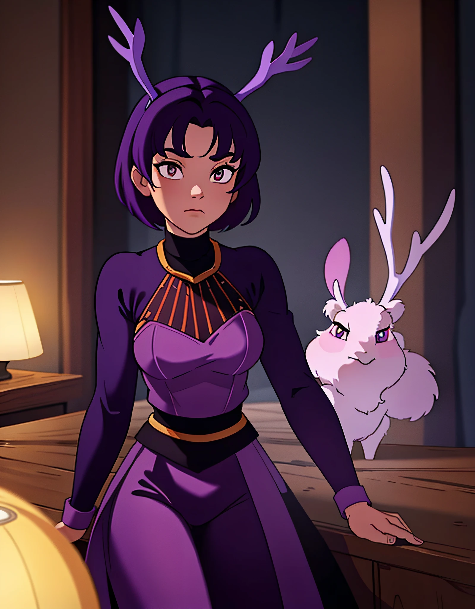 Knight Jackalope, short purple hair, jackalope antlers, dark armor(masterpiece, best quality)