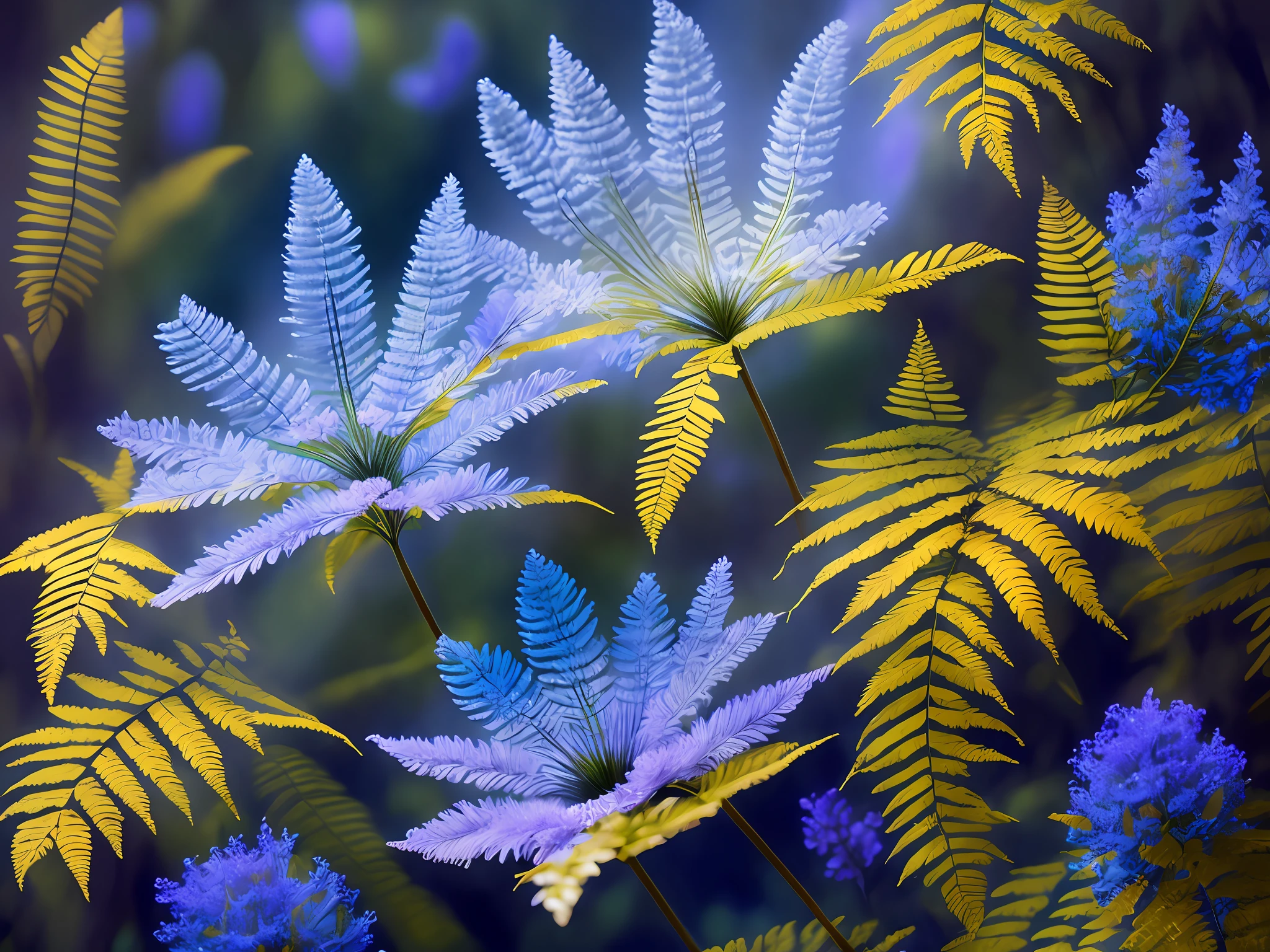 fern, blue flower, night in the forest, lights around the flower, mystical haze, realistic, magically high detail