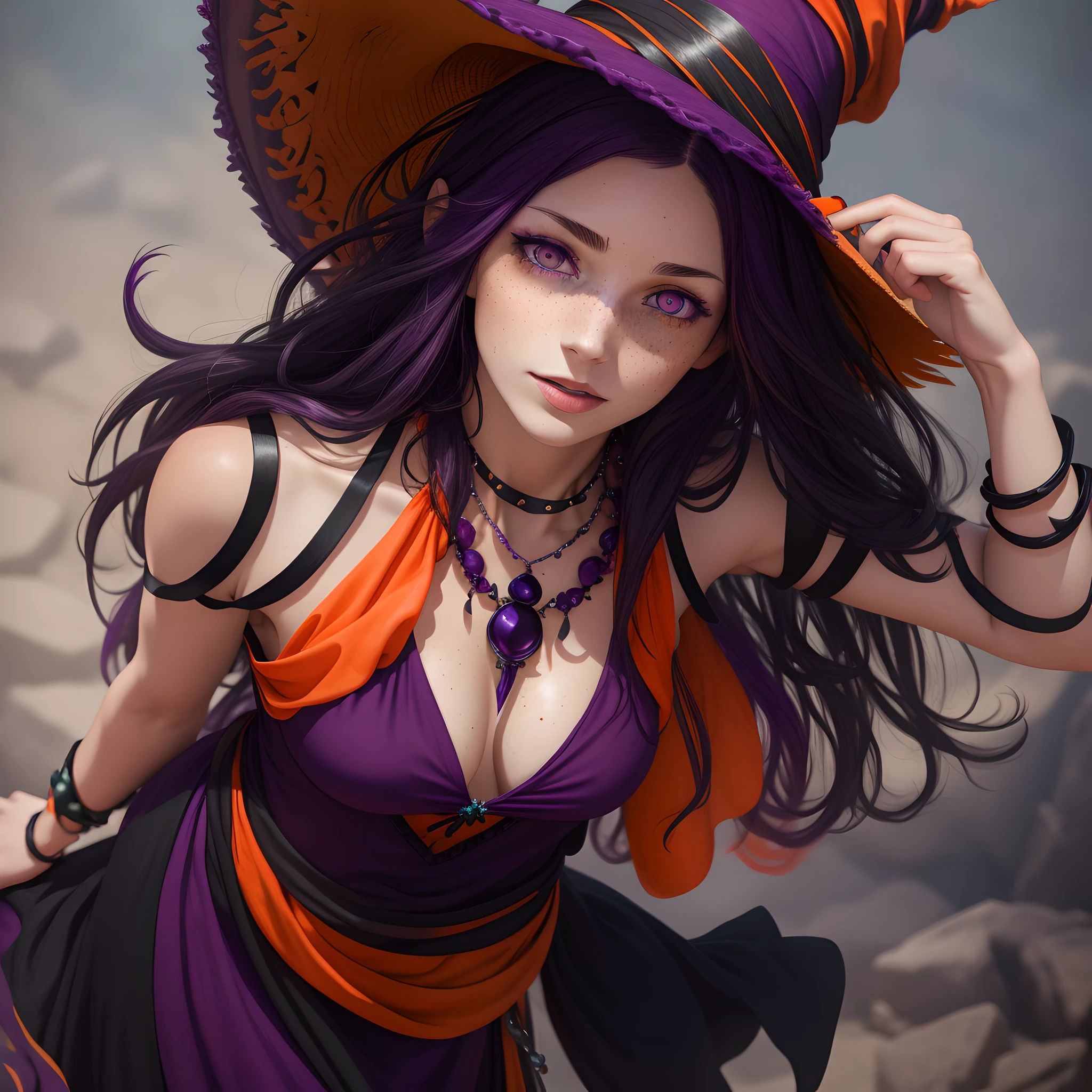 (best quality, masterpiece, vibrant colors, high resolution, a witch, wavy hair, witch's hat, bright orange eye, blooming, flowing dress in shades of purple and orange, pale skin with freckles), stone necklaces