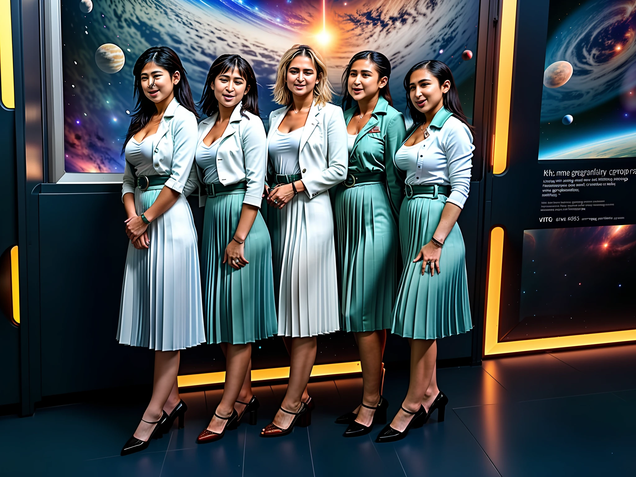 35mm f1.4 Kodak portra 400 photograph, extremely high quality RAW photograph, therapists (group kissing:1.9) on a space station, (shy) authentic (kind and tender) lesbian women wearing a short blazers with a very very detailed (long (fully pleated) full circle skirts) and (simple) low heeled office shoes, very very intricate hyper-detailed symmetric (attractive graceful young feminine faces) with (sad, tired) eyes and a (flirty smiles:1.3), full of empathy and compassion and love, (pronounced feminine features:1,3), big boobs, large breasts, (highly detailed ultra accurate realistic) hands and fingers, ((windy conditions and wind blowing)), epic composition, highly detailed attributes, highly detailed atmosphere, detailed background, intricate, Exquisite details and textures, highly detailed, deep space station secret operations active background