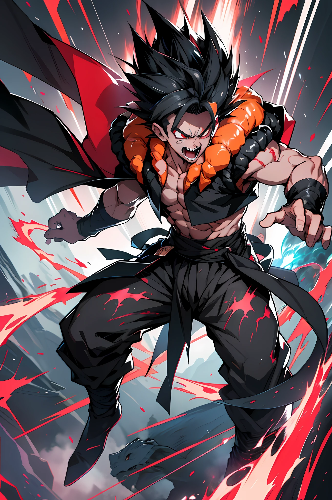 Ultra Supersayajin, black hair color diamond gradient, red eyes with black outlines painted around the eyes, black clothing with white dragon tatoon print, open mouth screaming, fighting with much fury against enemy, scenery in heaven and earth destroying everything