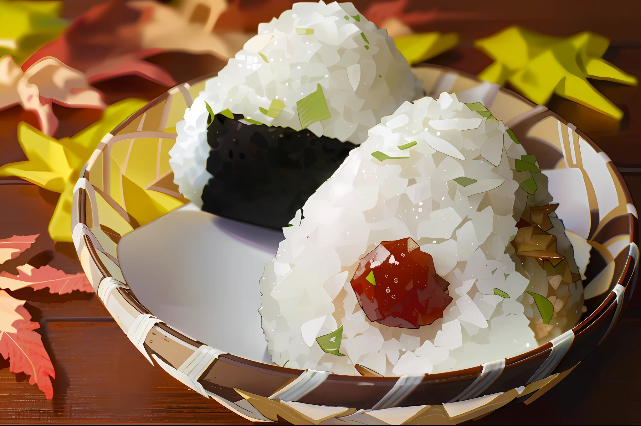 there are two pieces of onigiri riceballs on a plate with seaweed, japanese food, japanese cuisine, close up of two onigiri sitting in a straw plate with leaves on the background