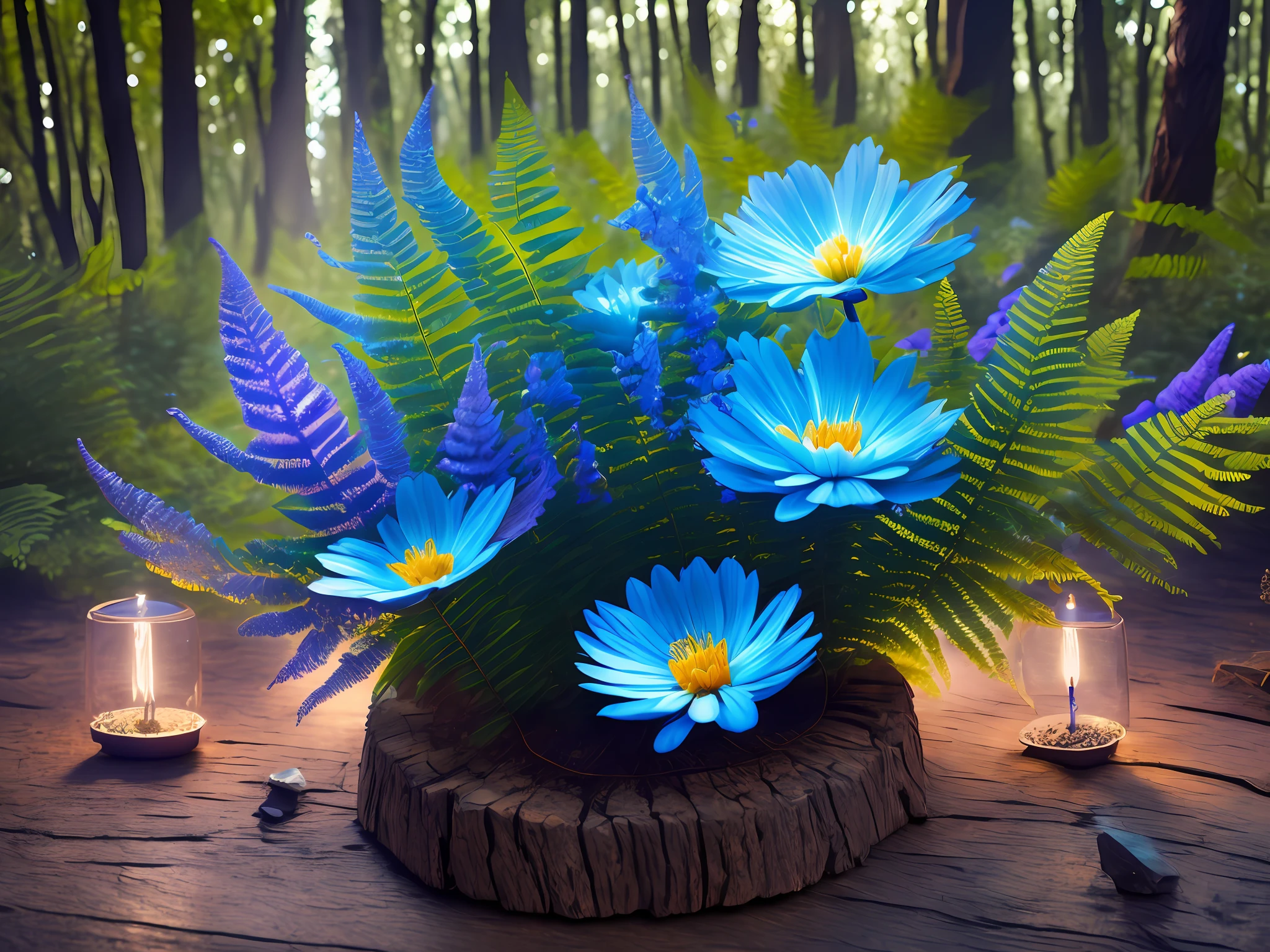 fern, blue flower, night in the forest, lights around the flower, mystical haze, realistic, magically high detail