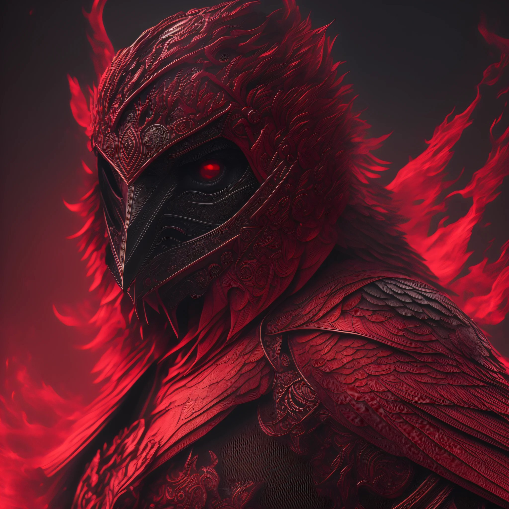 Make a work of art, ultra realistic quality, 8k, Cypher de Valorant, with dark clothes, bright eyes, red eyes, crow mask, background universe, --auto --s2