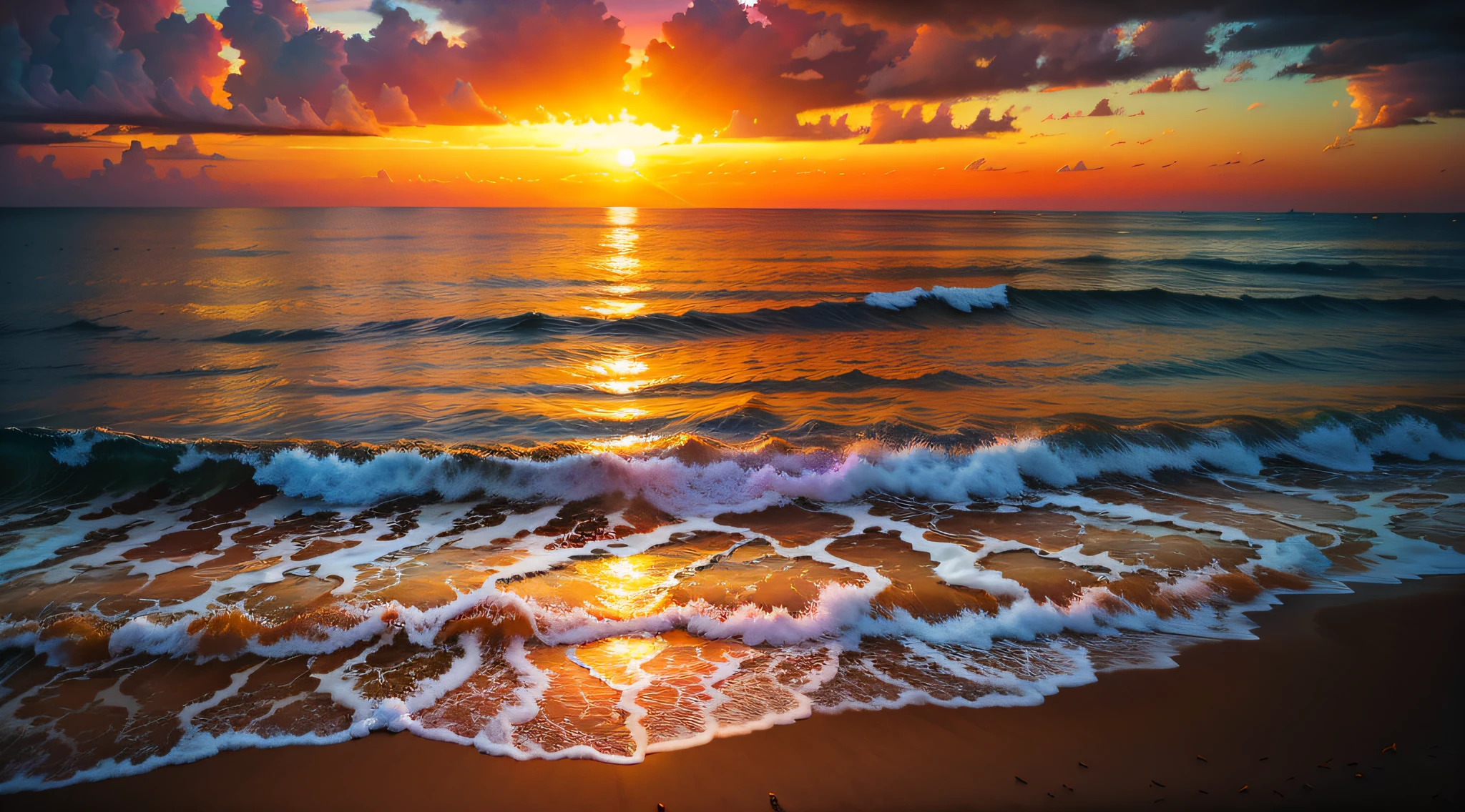 Oranges, pinks and yellows blend together to fill the sky, and the sunset over the beach is truly mesmerizing. The crystal clear waters gently kiss the coast, and the white sand beach stretches out endlessly. It's a dynamic and breathtaking scene with seagulls soaring high into the sky and palm trees gently swaying. Take in the calm atmosphere and peace will wash you away.