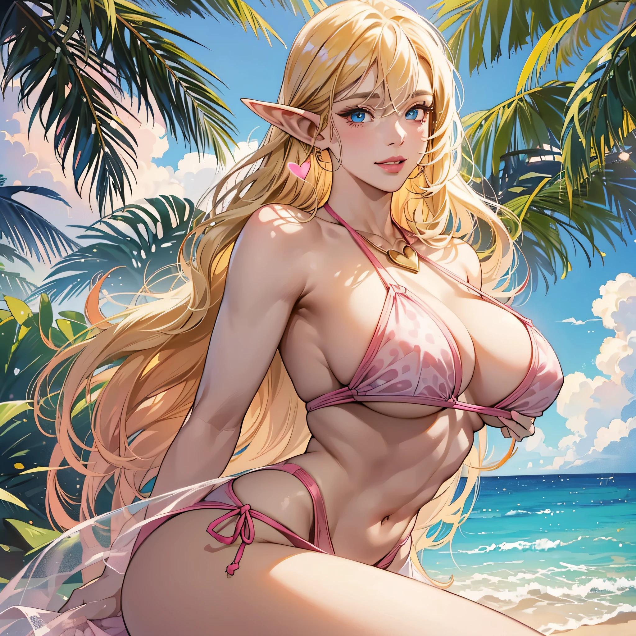 (Best quality, 4k, Masterpiece :1.3), beautiful woman, hyper realistic, 1girl, (droopy breasts, attractive body :1.2), sit-ups :1.1, long straight light yellow hair with bangs :1.1, ultra-detailed face, detailed lips, detailed eyes, double eyelid, open neckline, hanging breasts, side pose, visible curves, on the beach, muscular turned leg, large breasts, blue eyes, open sky with sun, smiling, Japanese, big ass, standing on his back looking back, show more ass, freckle on face, freckle on ass, beautiful elf, pink lips, pink heart earrings, golden necklace with pink heart, short tight pink bikini --auto --s2