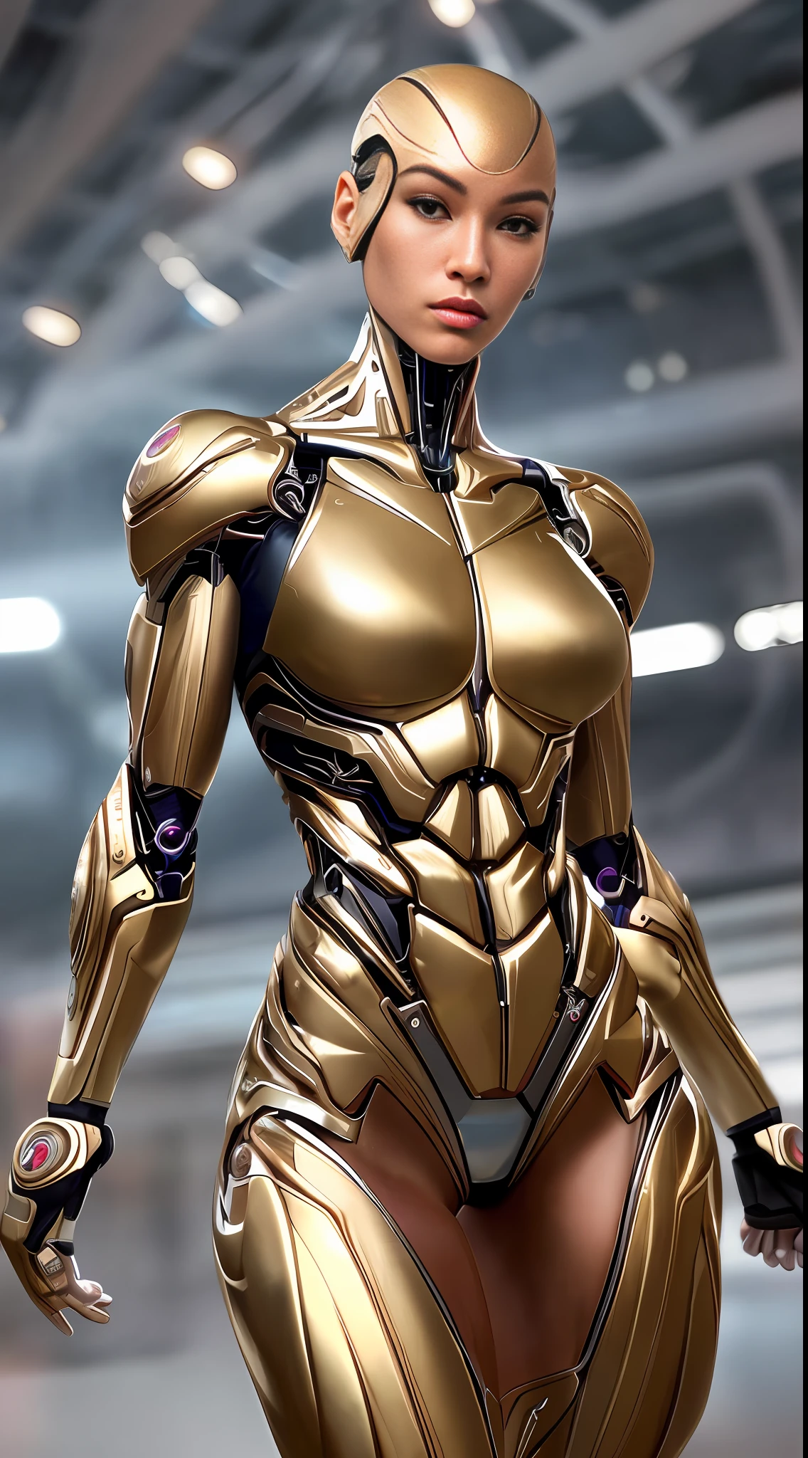 A stunning beautiful woman, cyborg, long legs, athletic body, muscle body, 4k, 8k, realistic, highly detailed face, highly detailed body, highly detailed skin, full body shot, in frame, highly detailed muscles, beautiful, photorealistic, ultrarealistic, hyperrealism,