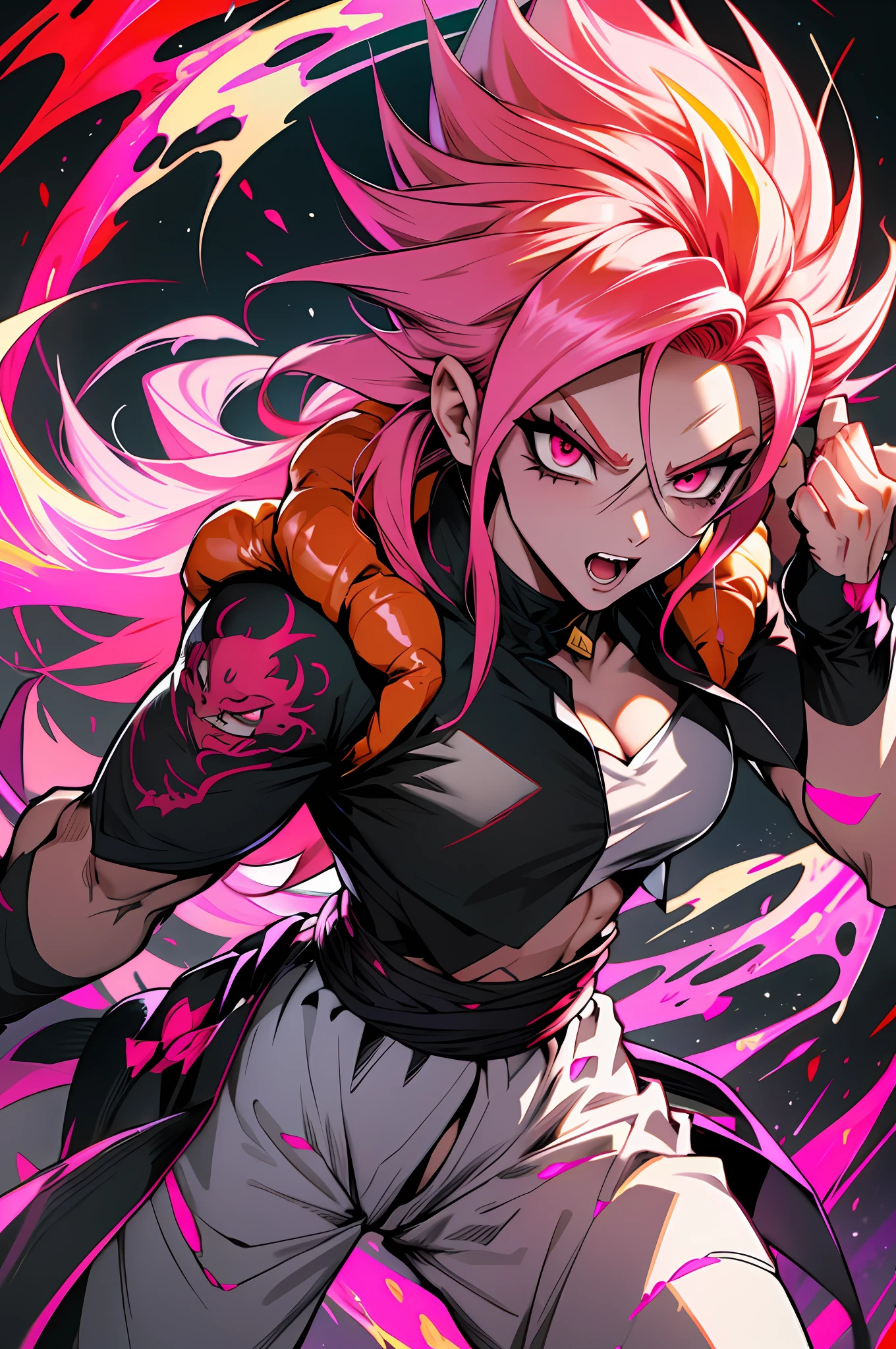 Supersayajin Ultra woman, diamond gradient pink hair, red eyes with black outlines and painted around the eyes, large eyelashes, red gradient clothing with black dragon tatoon print, half open mouth, fighting with the yellow haired supersayajin, lots of fury against enemy, scenery in heaven and earth destroying everything