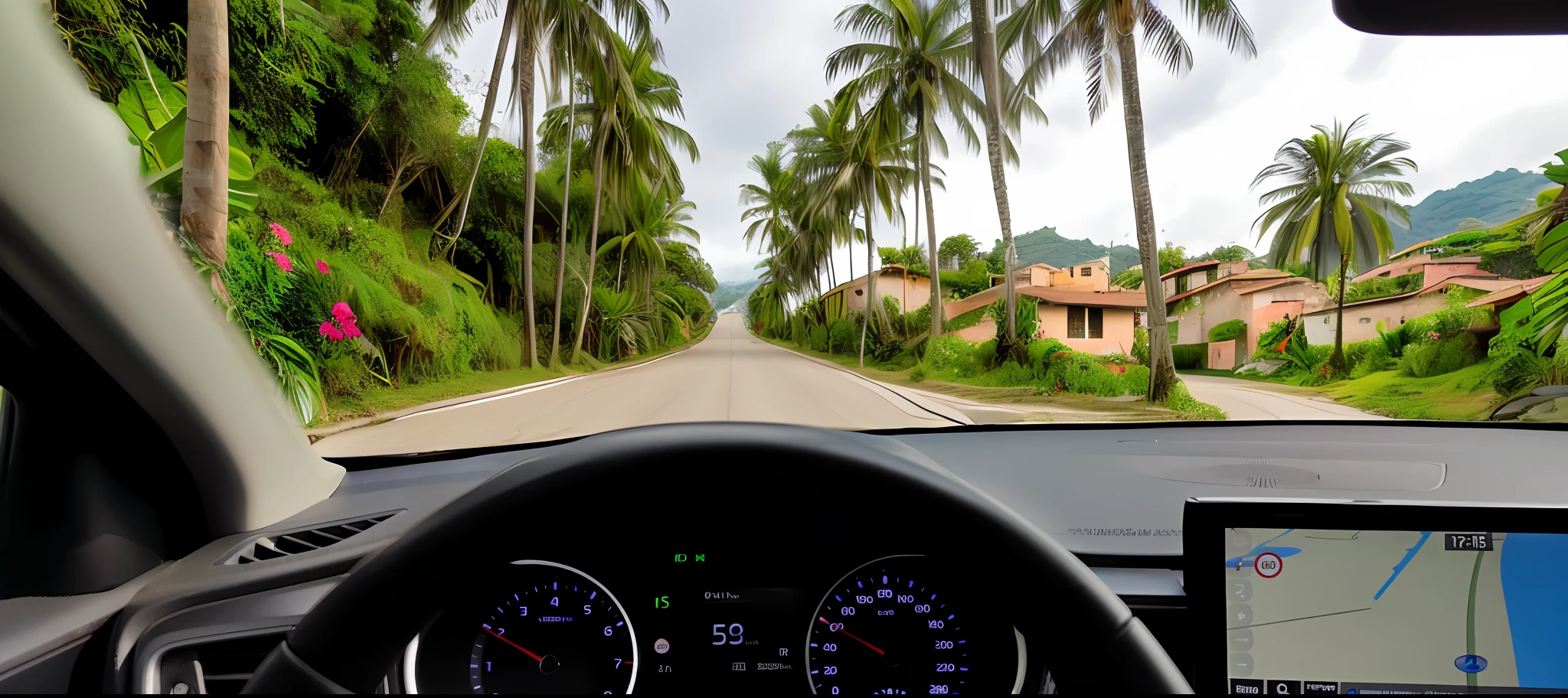 Small road in an Italian village in a tropical jungle seen from a car window, hills, beach