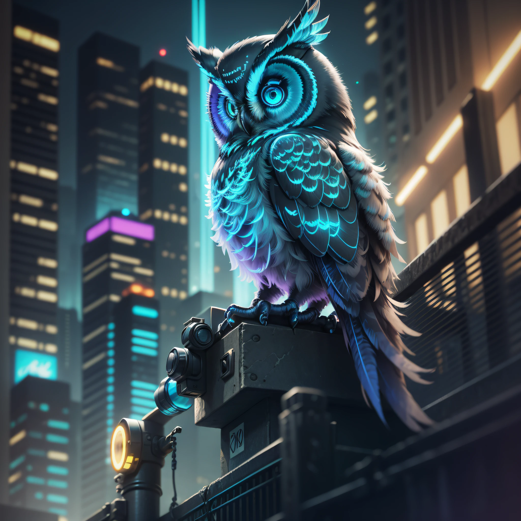 A photograph of a cybernetic owl, perched on a wire fence in a dark alley. His eyes are neon blue, reflecting the lights of the surrounding city. The feathers are fragmented and iridescent, and there's a brilliant code running through it. The lens used creates an anamorphic effect, giving the impression that the owl is watching the viewer from various angles