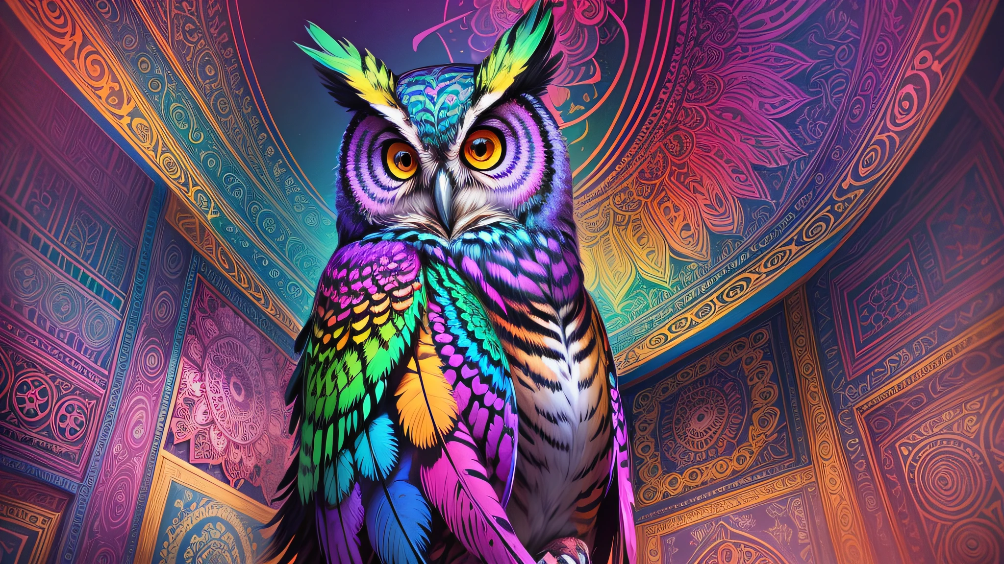 Featuring a captivating and vibrant psychedelic owl painting. The art of the owl is exquisitely designed with vivid colors, intricate patterns and mesmerizing details. The painting is leaning against the back of the room, creating a dynamic and casual display. The combination of the psychedelic art of the owl adds a touch of artistic fascination to any space. --auto --s2