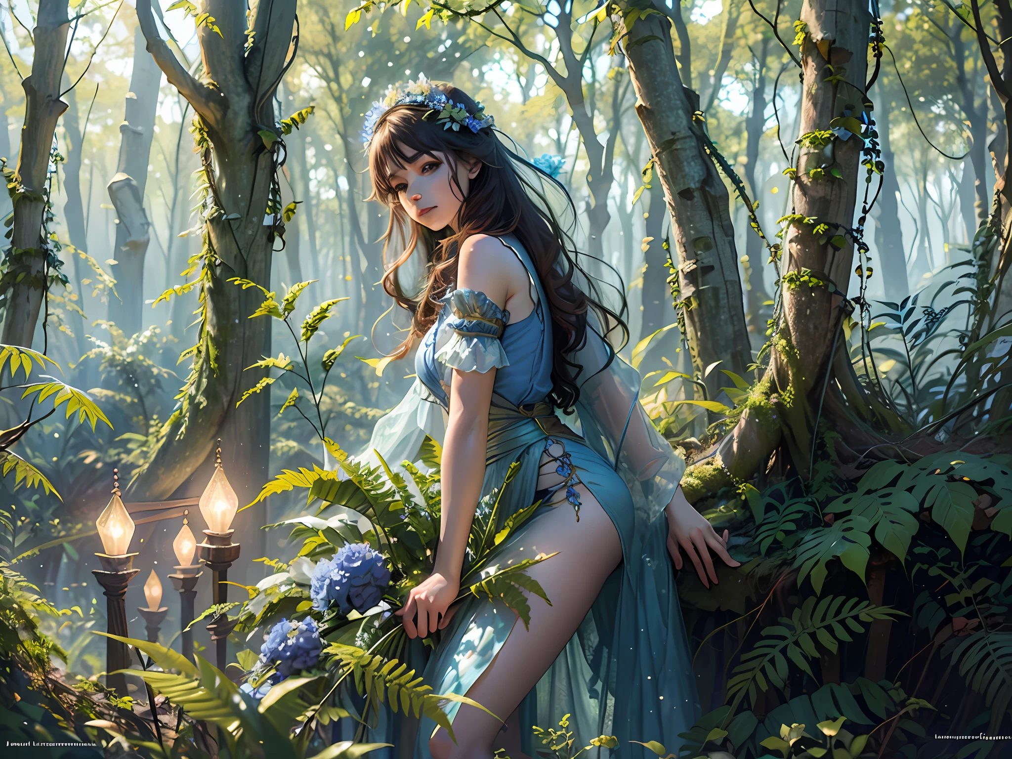 fern, one blue flower, night in the forest, lights around the flower, mystical haze, realistic, magically high detail Slavic fantasy